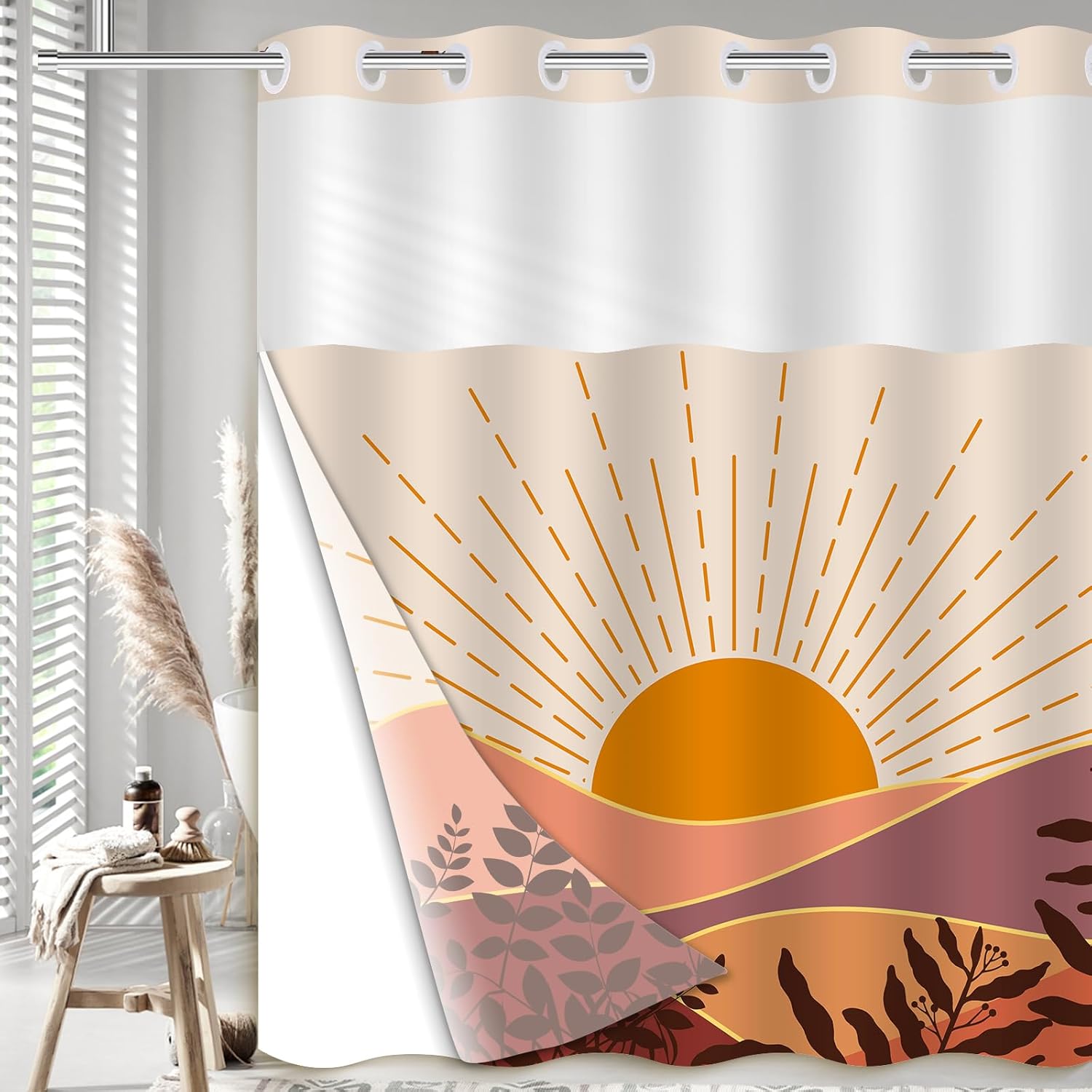 Boho Bohemian Shower Curtain with Snap-in Liner 71x74in