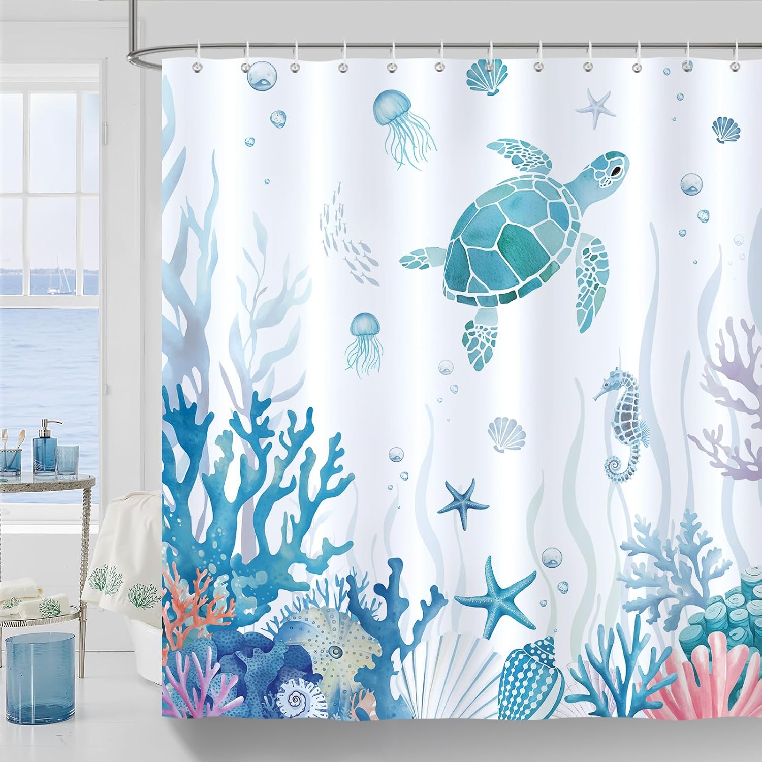Sea Turtle Shower Curtain with 12 Hooks 72x72 Inches