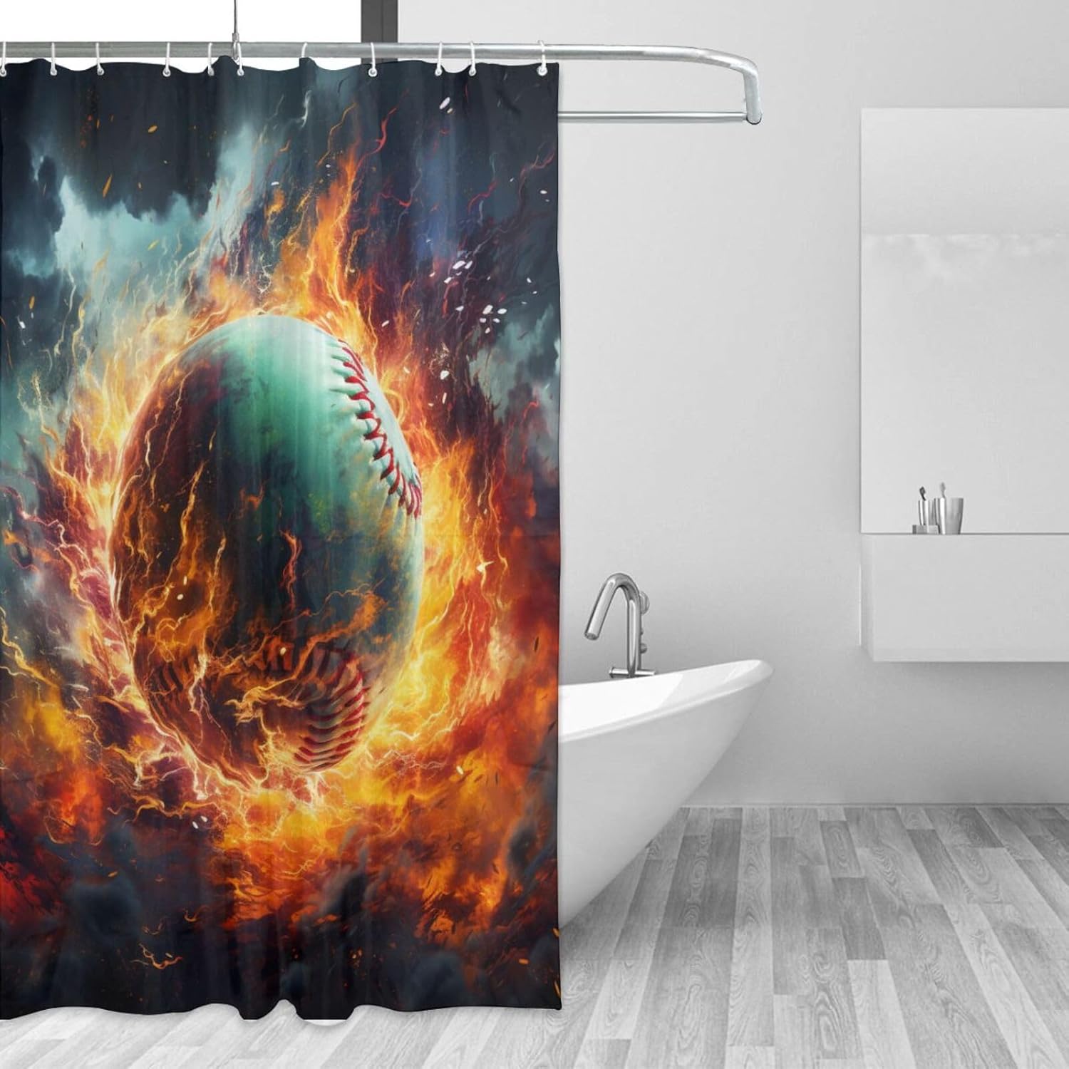 Red Flame Baseball Shower Curtain Set with 12 Hooks