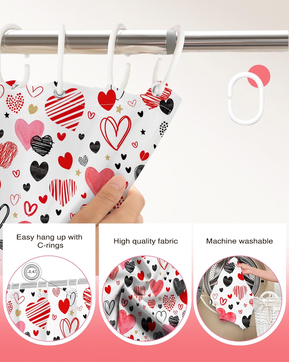 Valentines Day Red and Black Heart Shower Curtain Set with 12 Hooks
