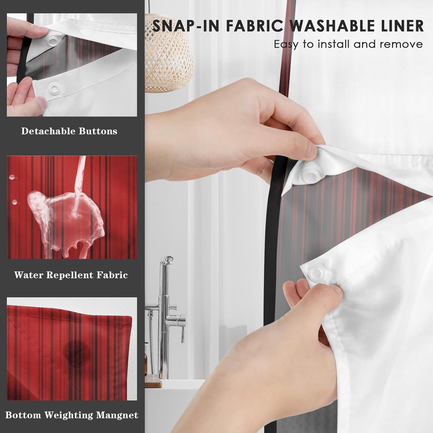 Nesphy No Hook Black Red Ombre Shower Curtain Set
