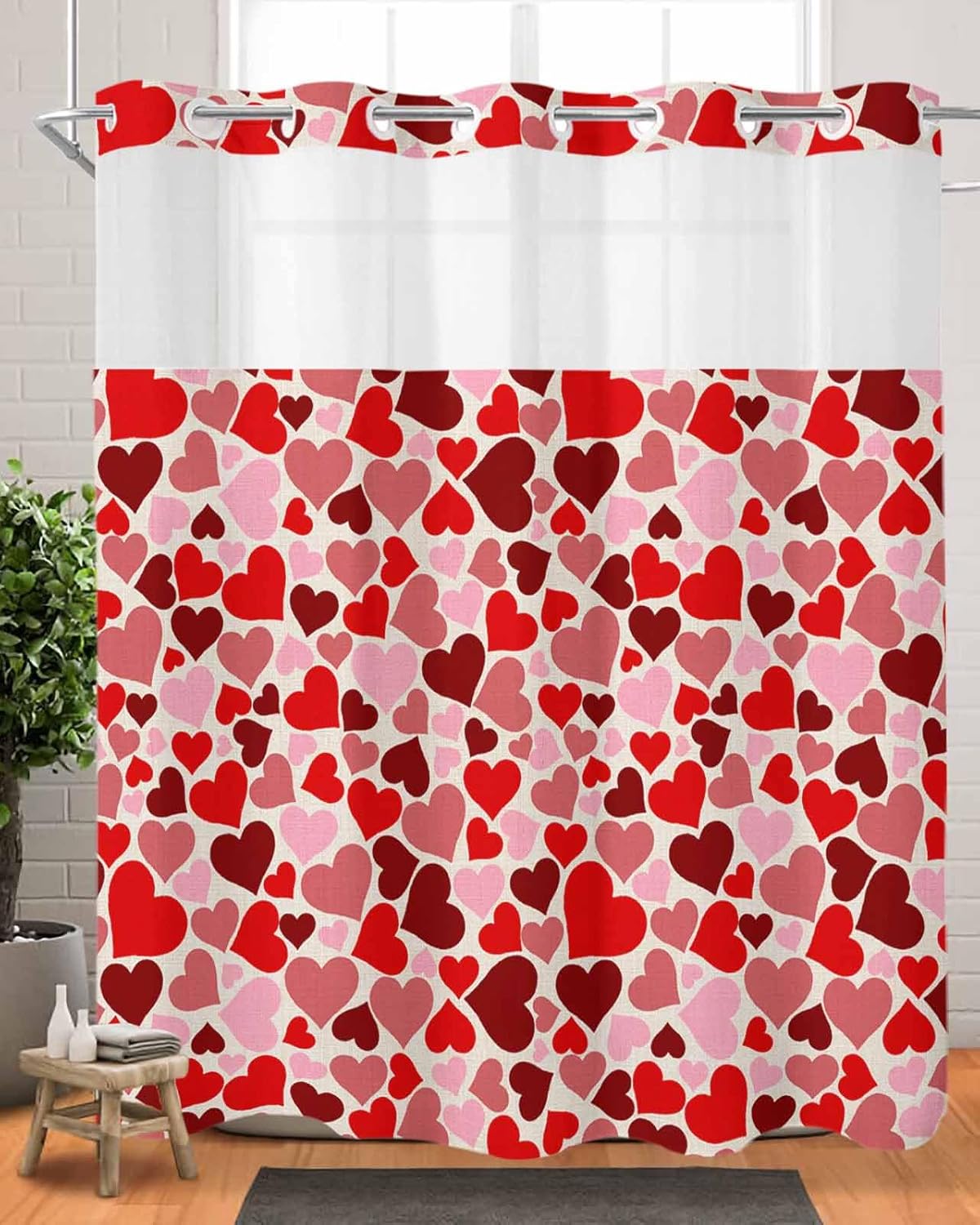 No Hook Shower Curtain with Snap Liner Set 72x78 Red Pink Heart Design
