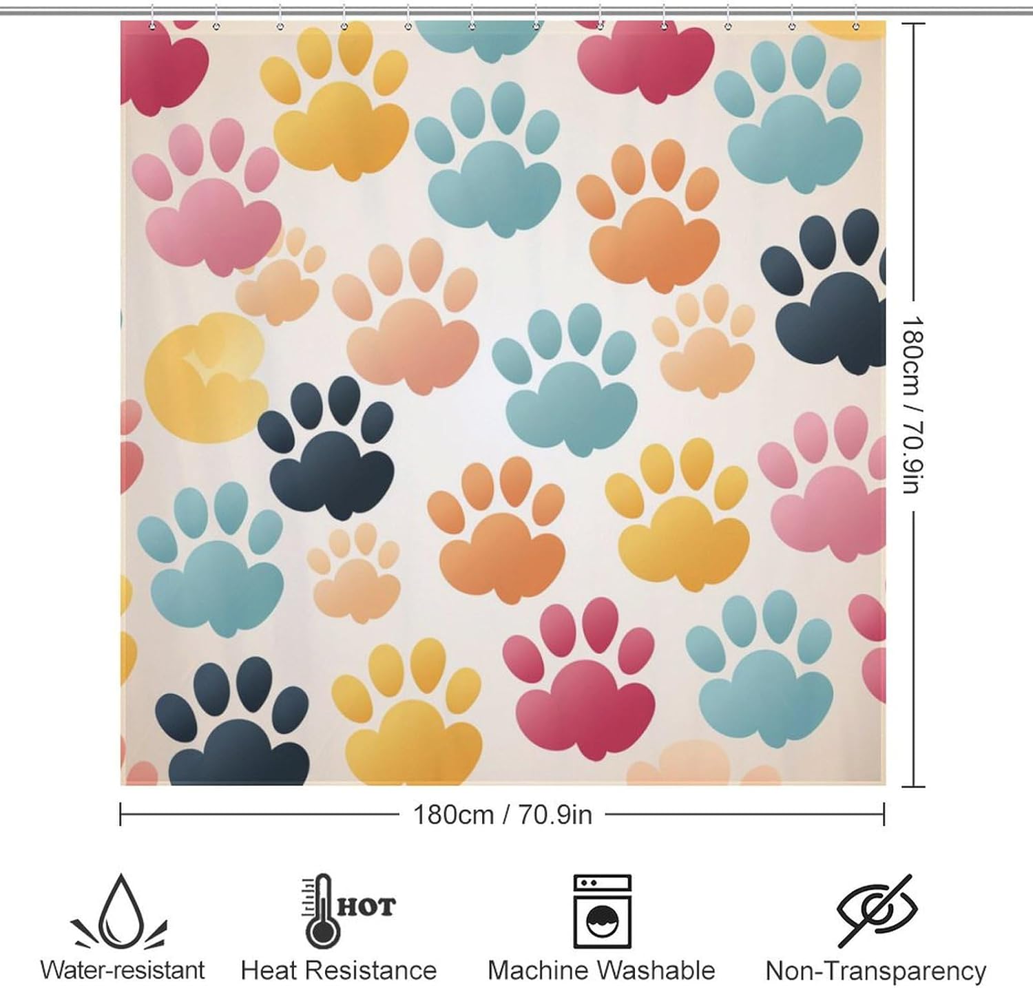Animal Paw Prints Shower Curtain Set 72x72in Red Blue Yellow Black