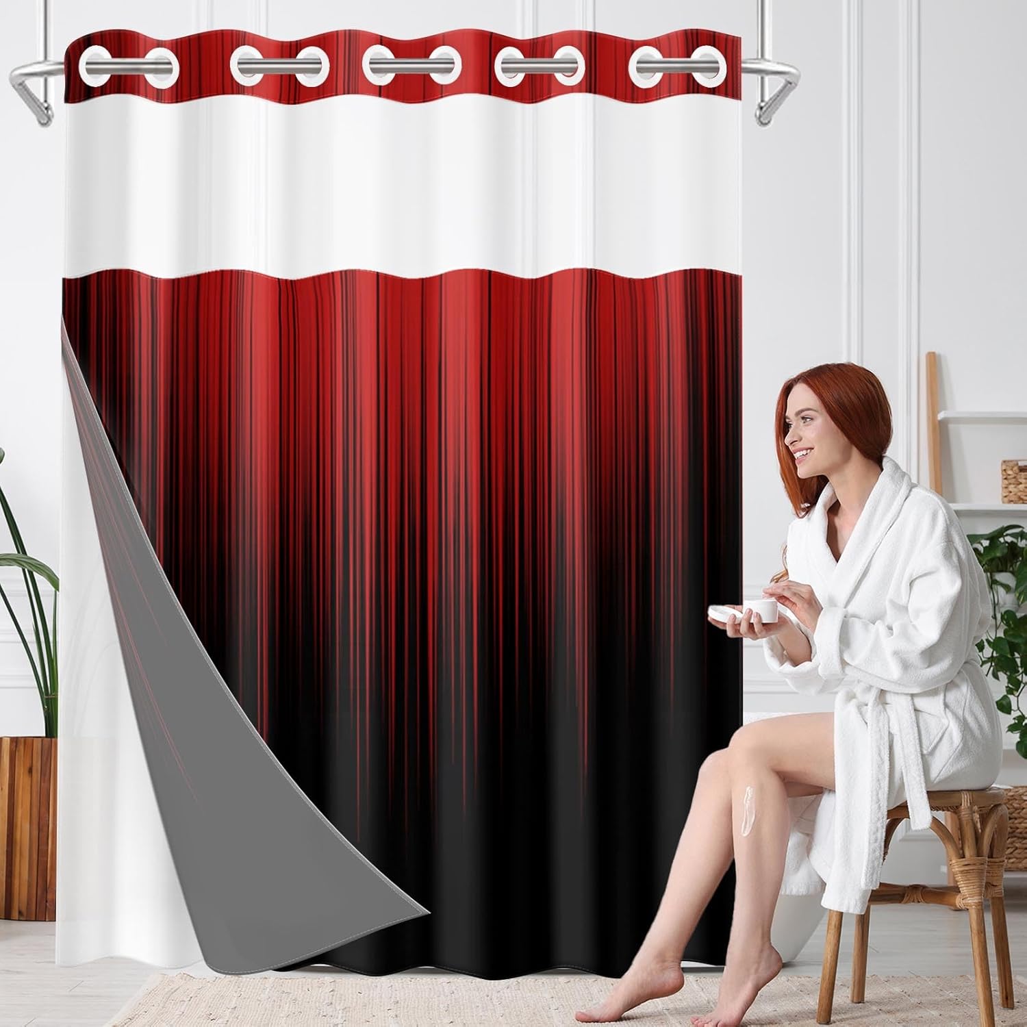 Nesphy No Hook Black Red Ombre Shower Curtain Set
