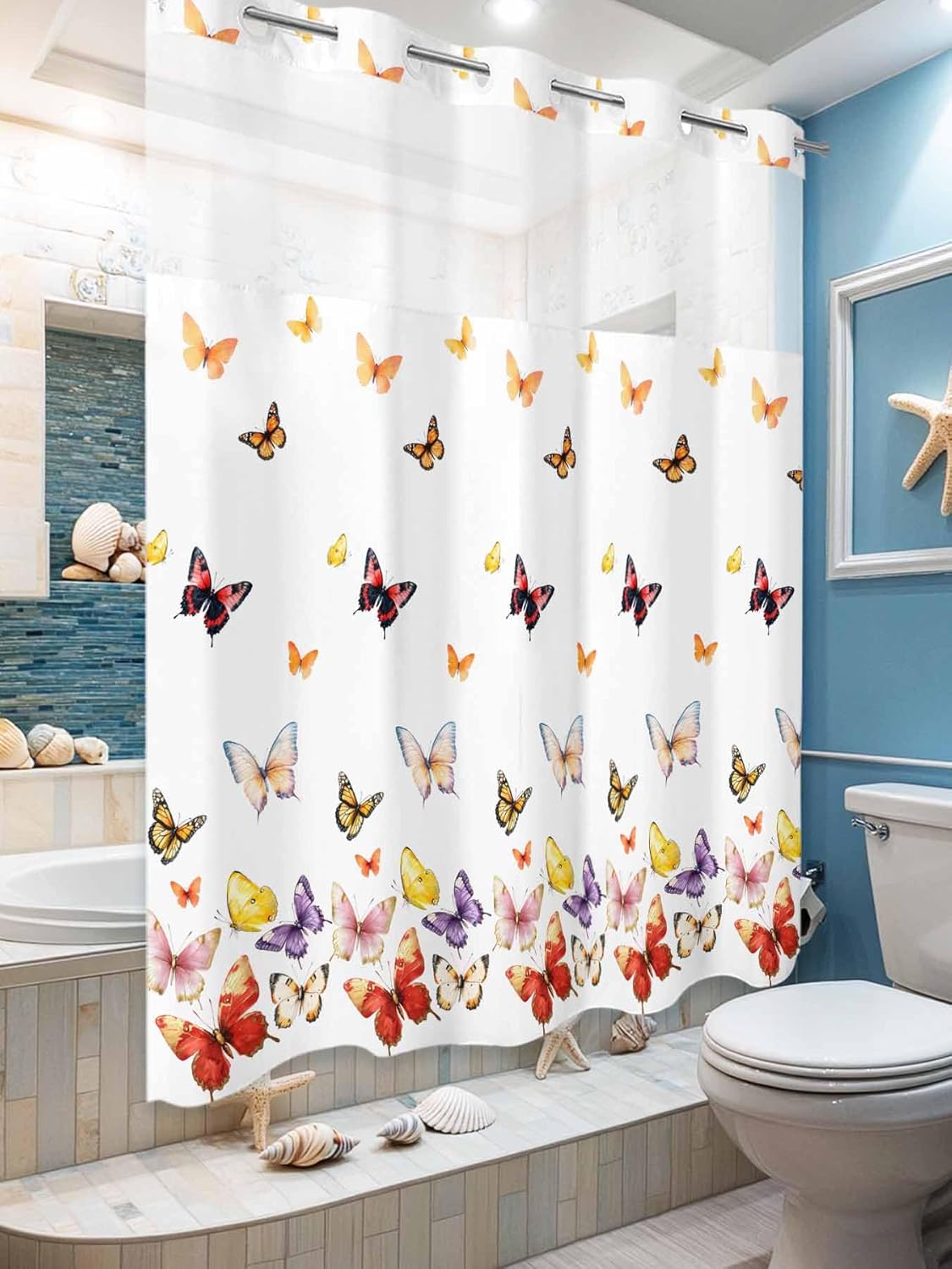 Double Layer No Hooks Shower Curtain Set 72x72