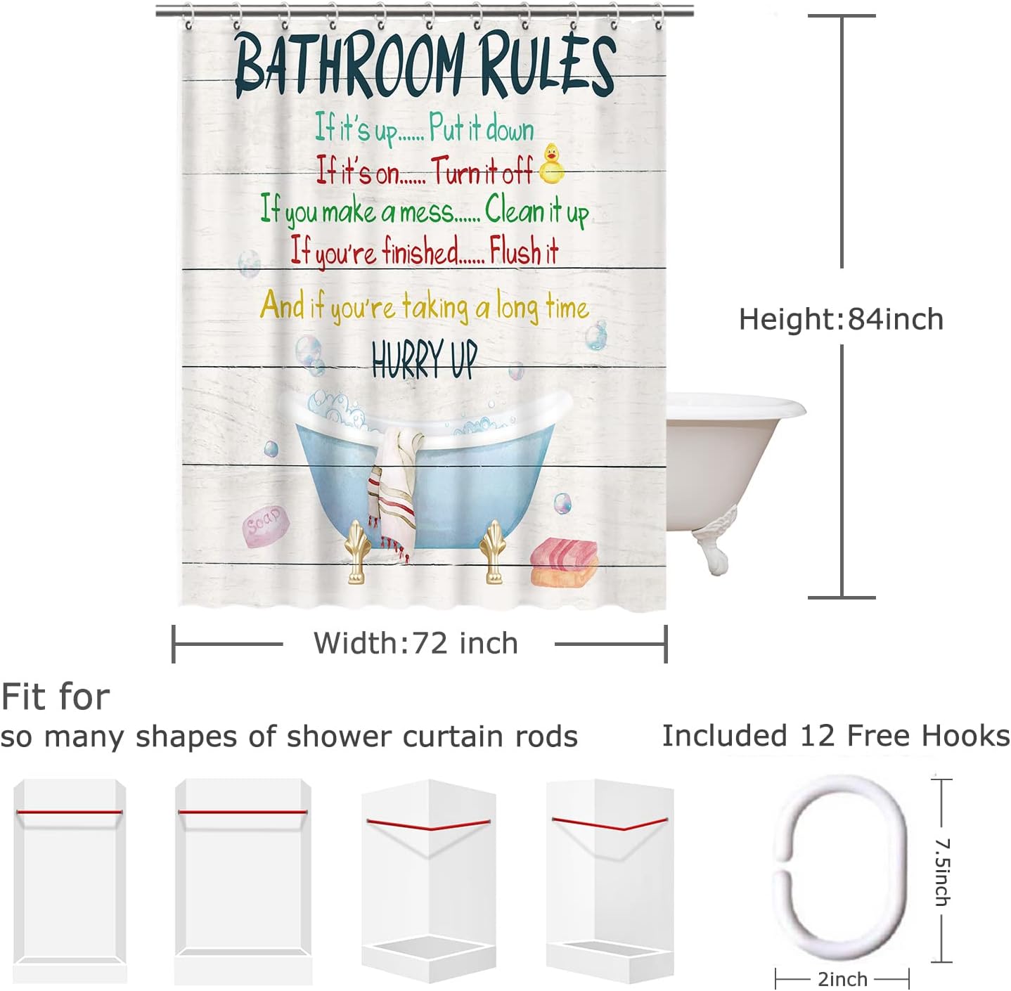 RosieLily Kids Shower Curtain with Funny Words and Hooks