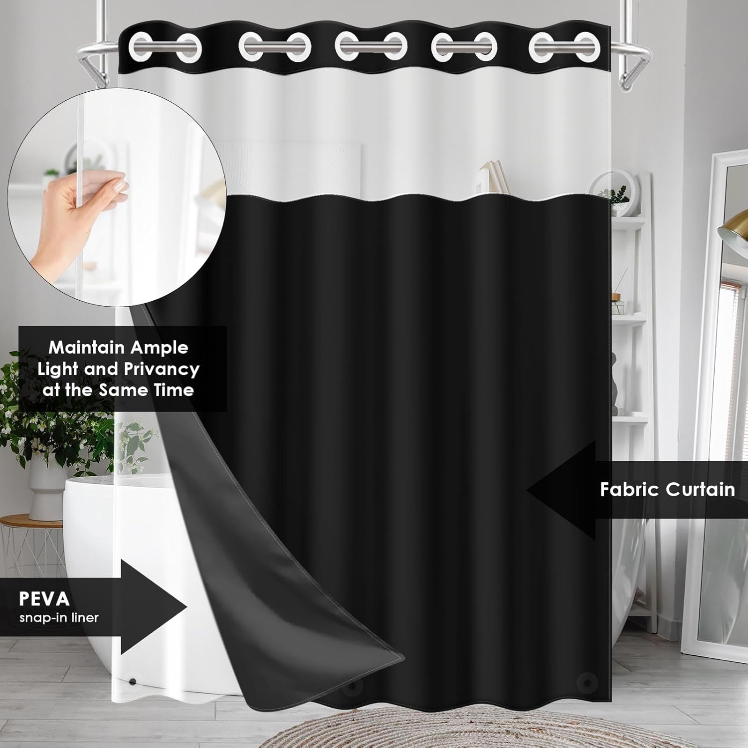 Nesphy No Hook Black Shower Curtain with Snap-in PEVA Liner Set