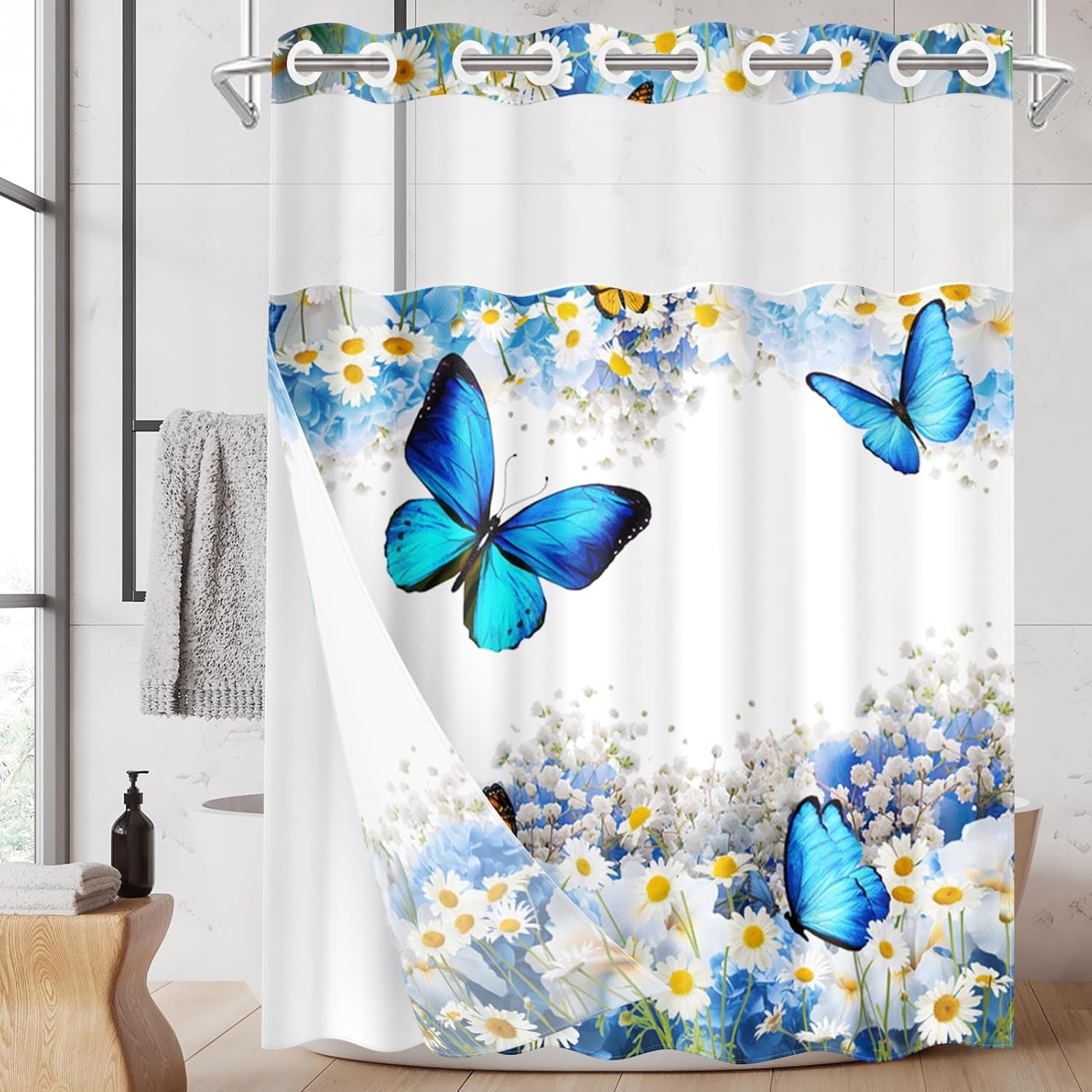 Nesphy No Hook Flower Chrysanthemum Shower Curtain Set