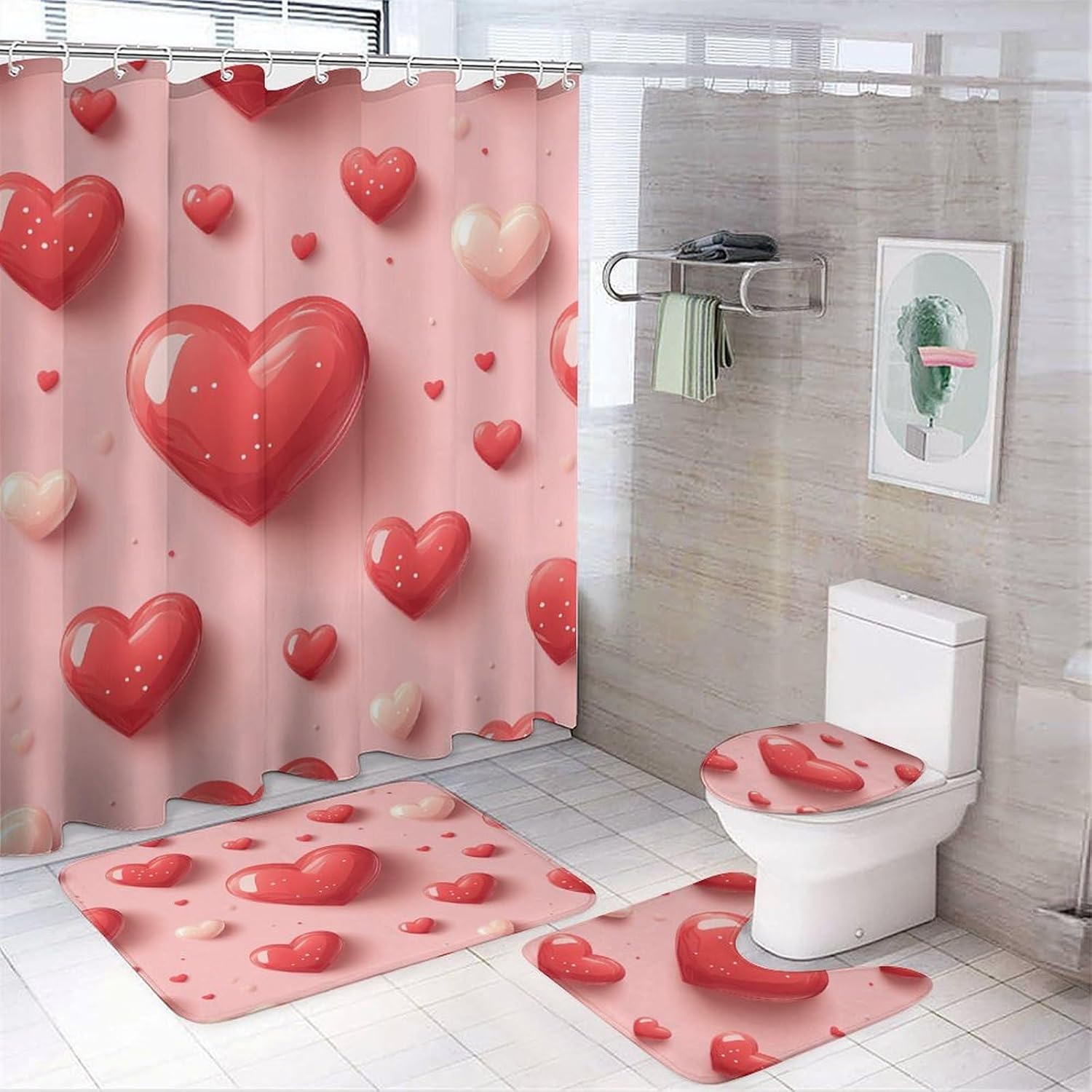Hmklpoerps Heart Pattern Shower Curtain Set 4 Piece