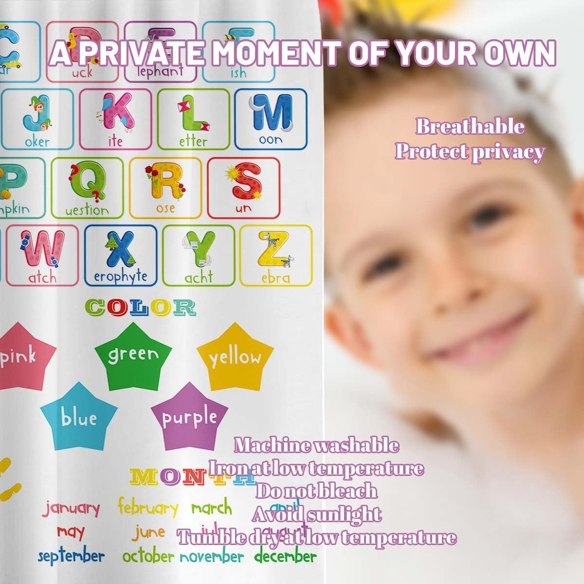 ABC Learning Shower Curtain for Kids 70x72 inch Waterproof with Hooks