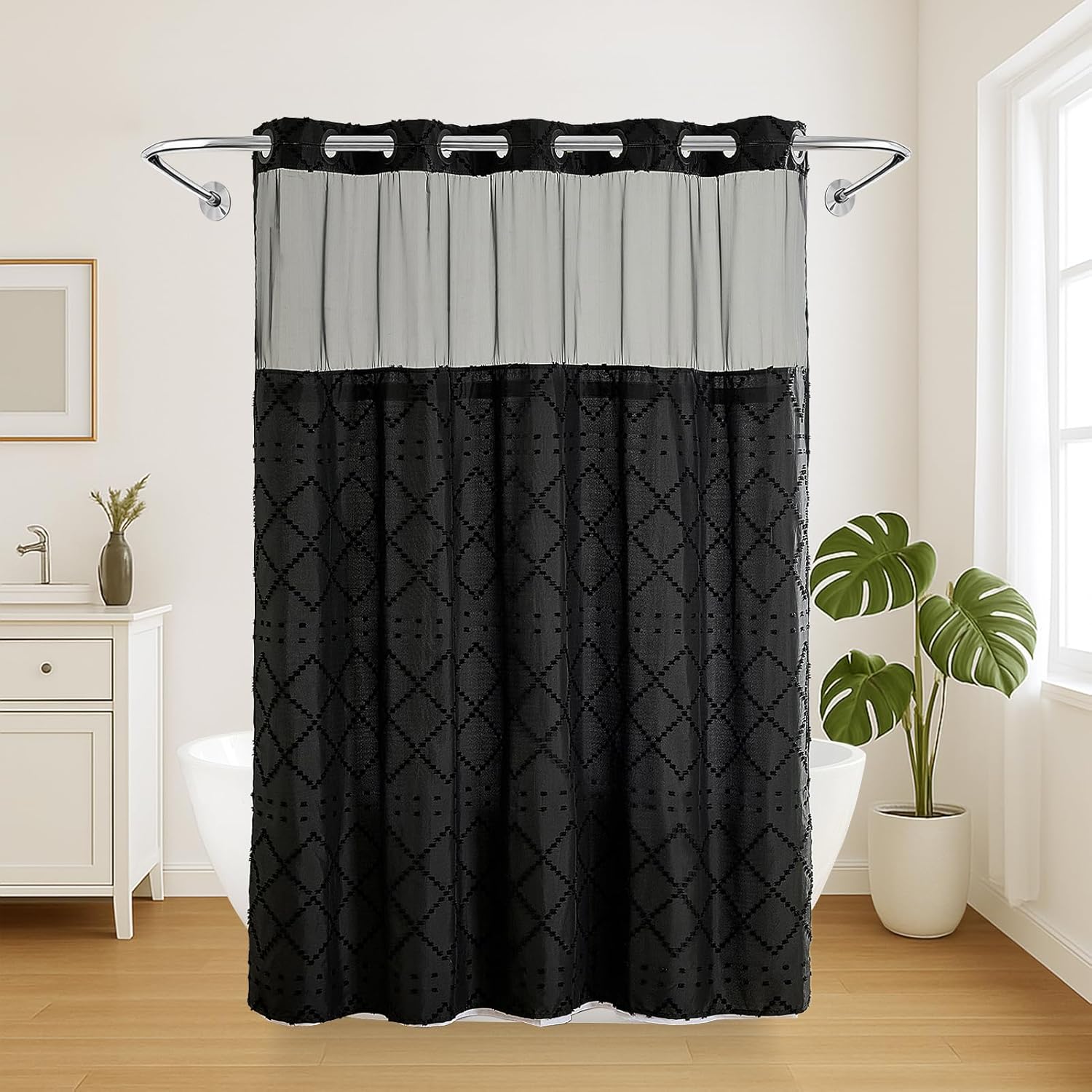 Nesphy Hookless Boho Shower Curtain Set Black Chevron Tufted Design