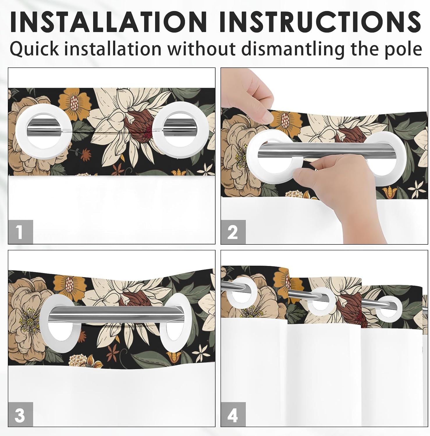 Nesphy Boho Floral Shower Curtain Set with Snap Lining 1