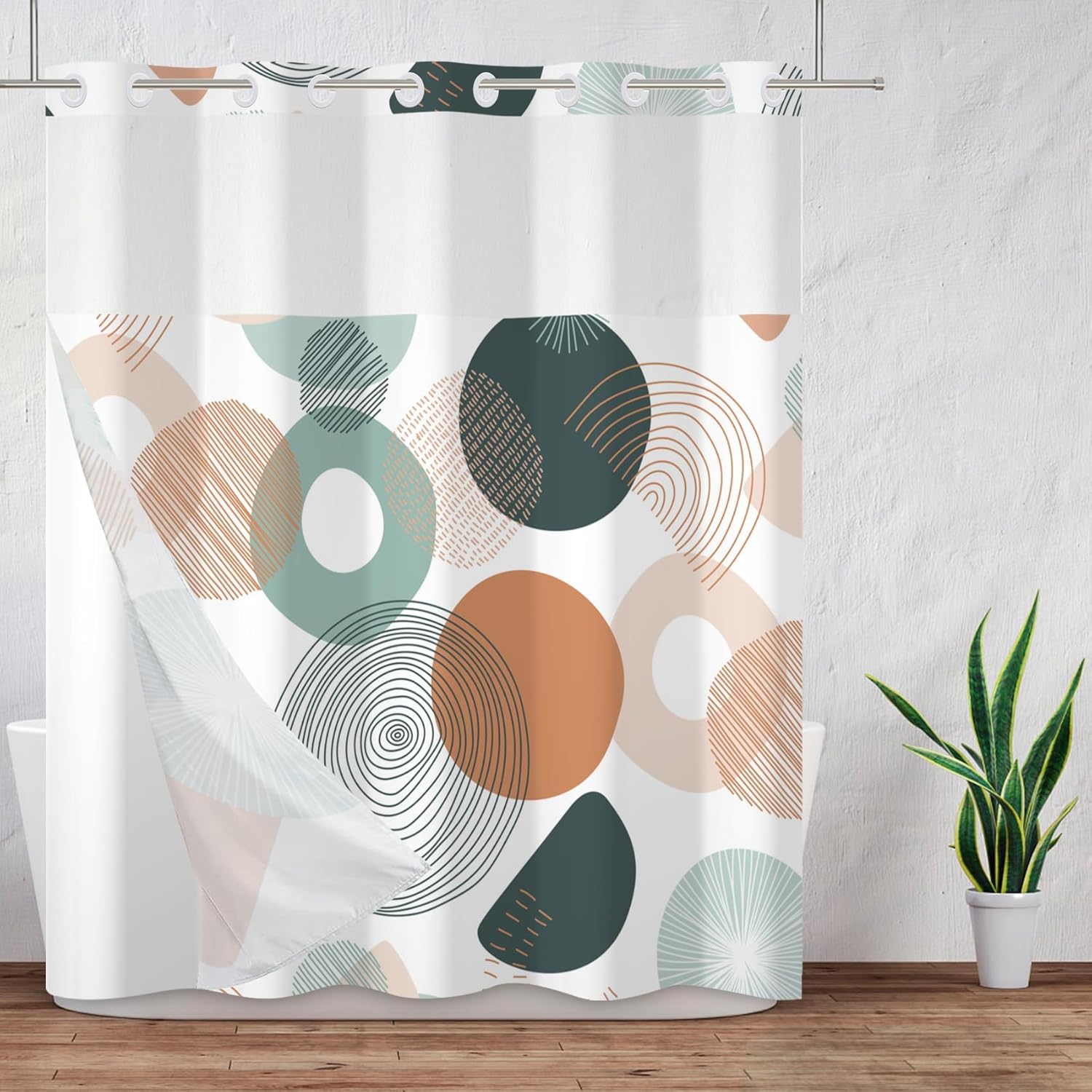 Baocicco Abstract Circle Shower Curtain Set with Built-in Liner