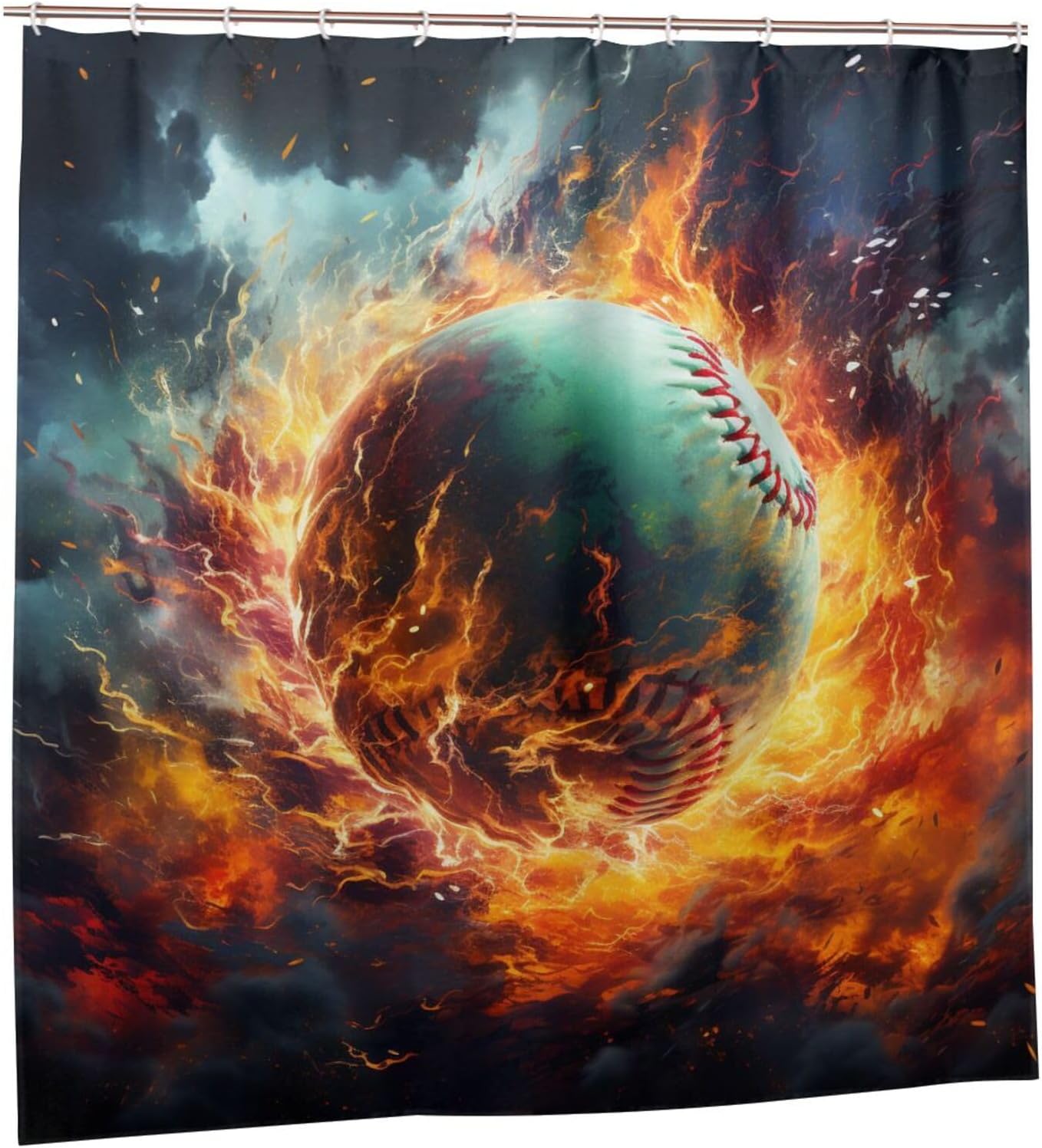 Red Flame Baseball Shower Curtain Set with 12 Hooks