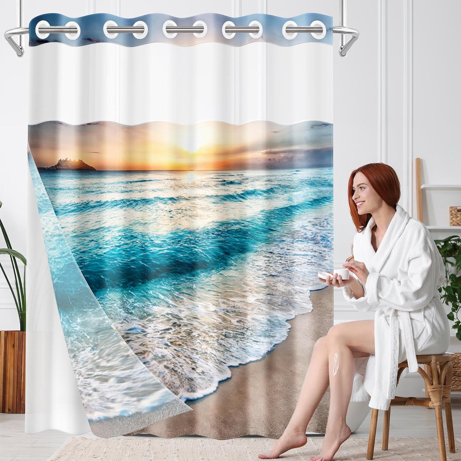 Nesphy No Hook Beach Shower Curtain Set 71x74 Inch