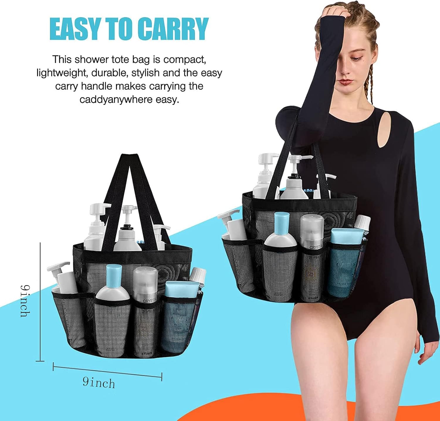 Mesh Shower Caddy Tote with 8 Pockets and Durable Handle