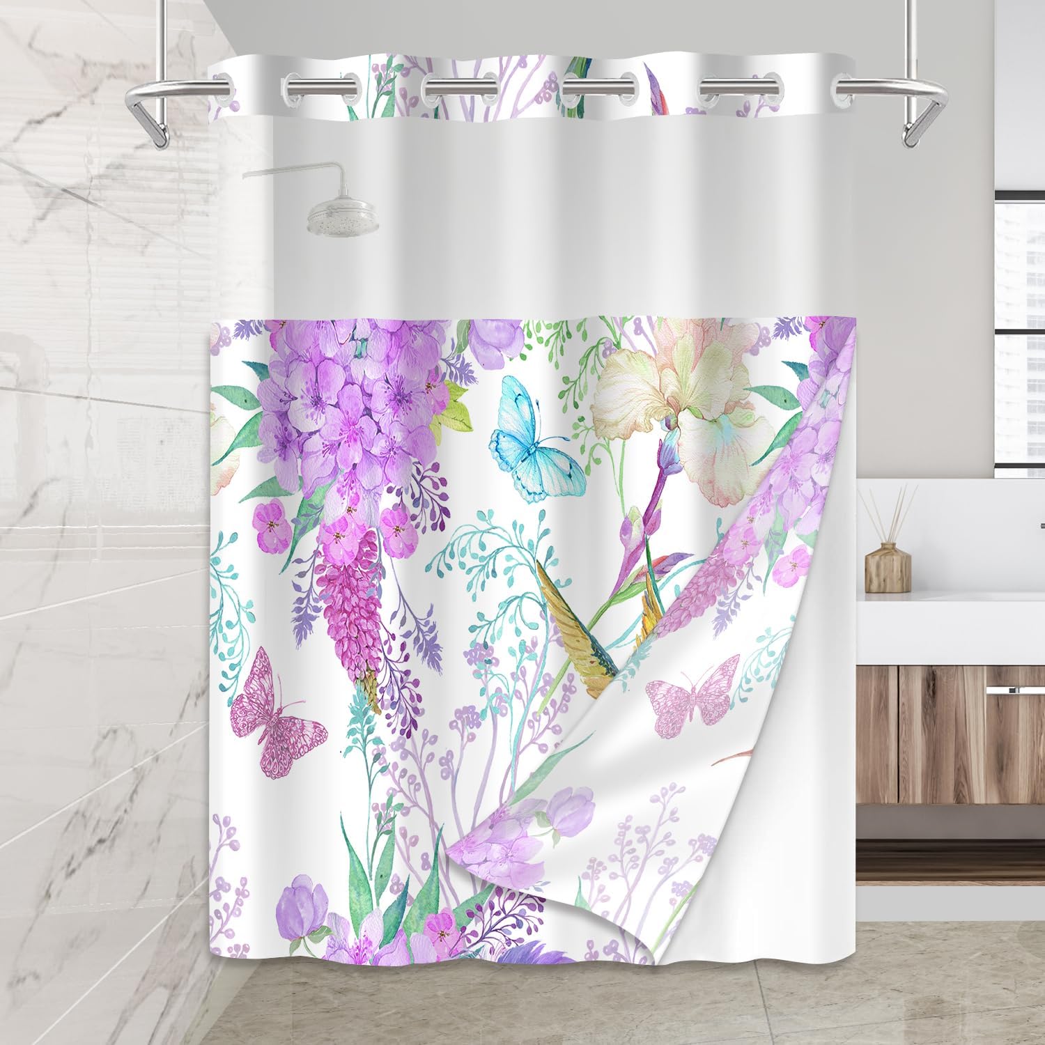 Mightree Purple Floral No Hook Shower Curtain Set