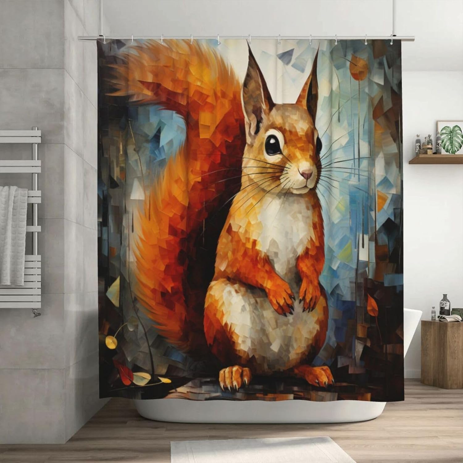 Squirrel Pattern Boho Style Shower Curtain Set with 12 Hooks 72x72in