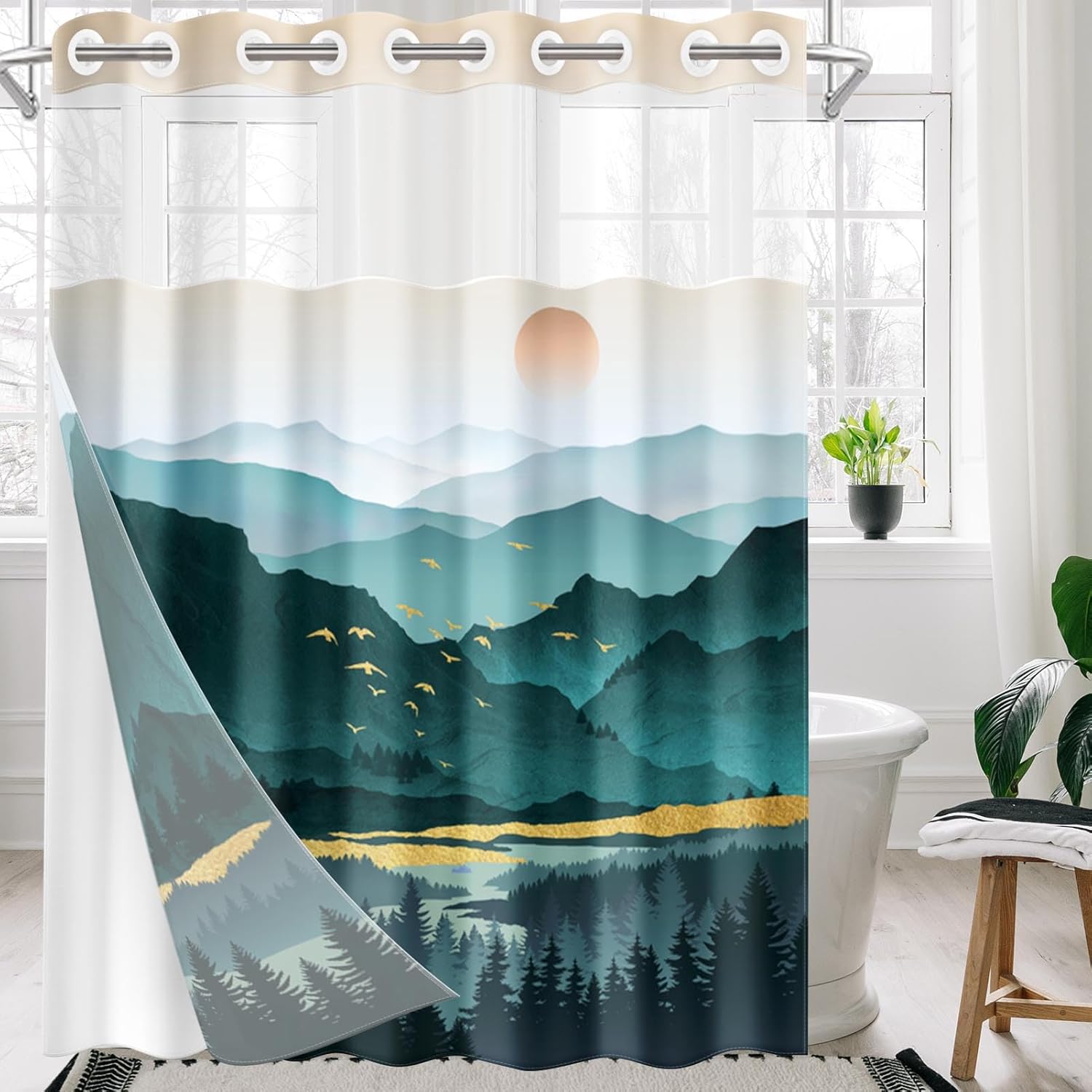 Nesphy No Hook Mountain Shower Curtain Set