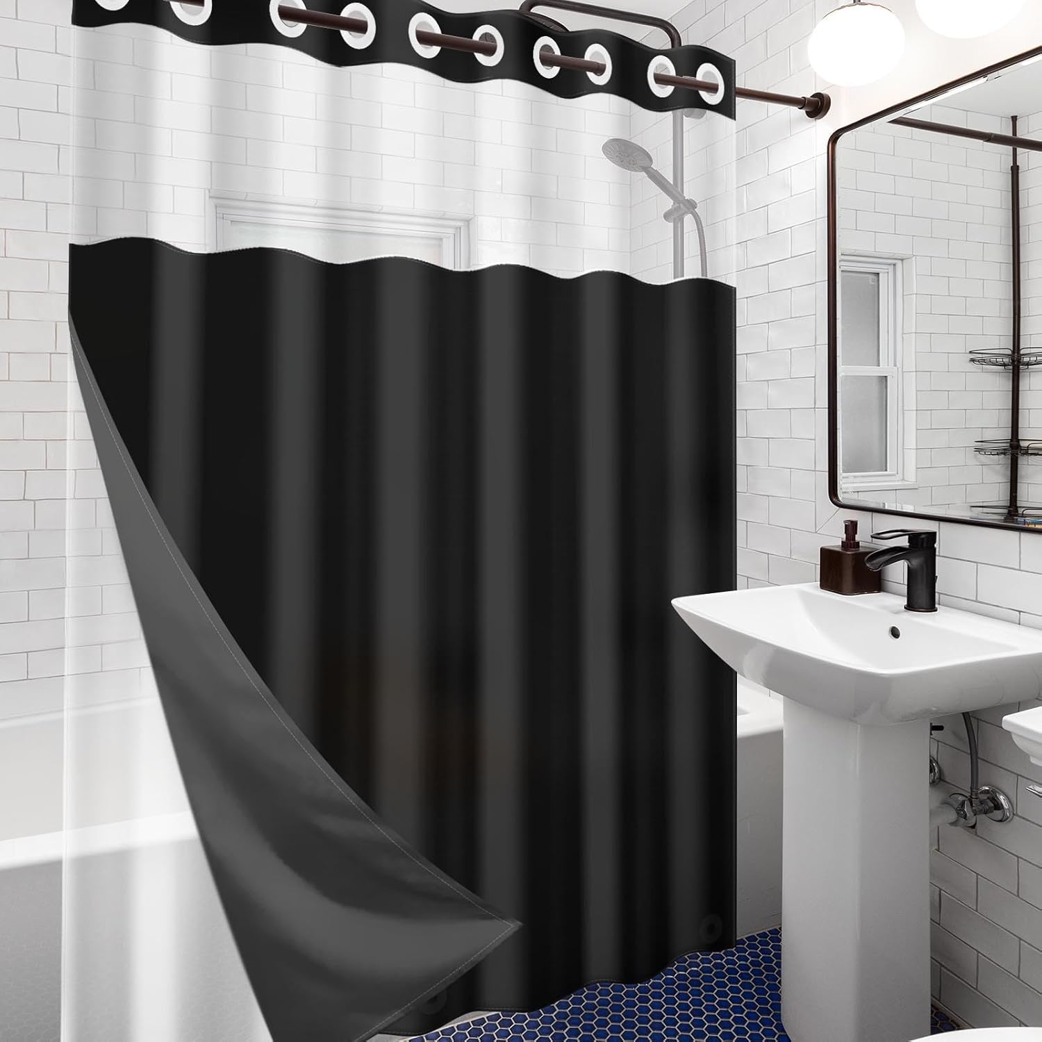 Nesphy No Hook Black Shower Curtain with Snap-in PEVA Liner Set