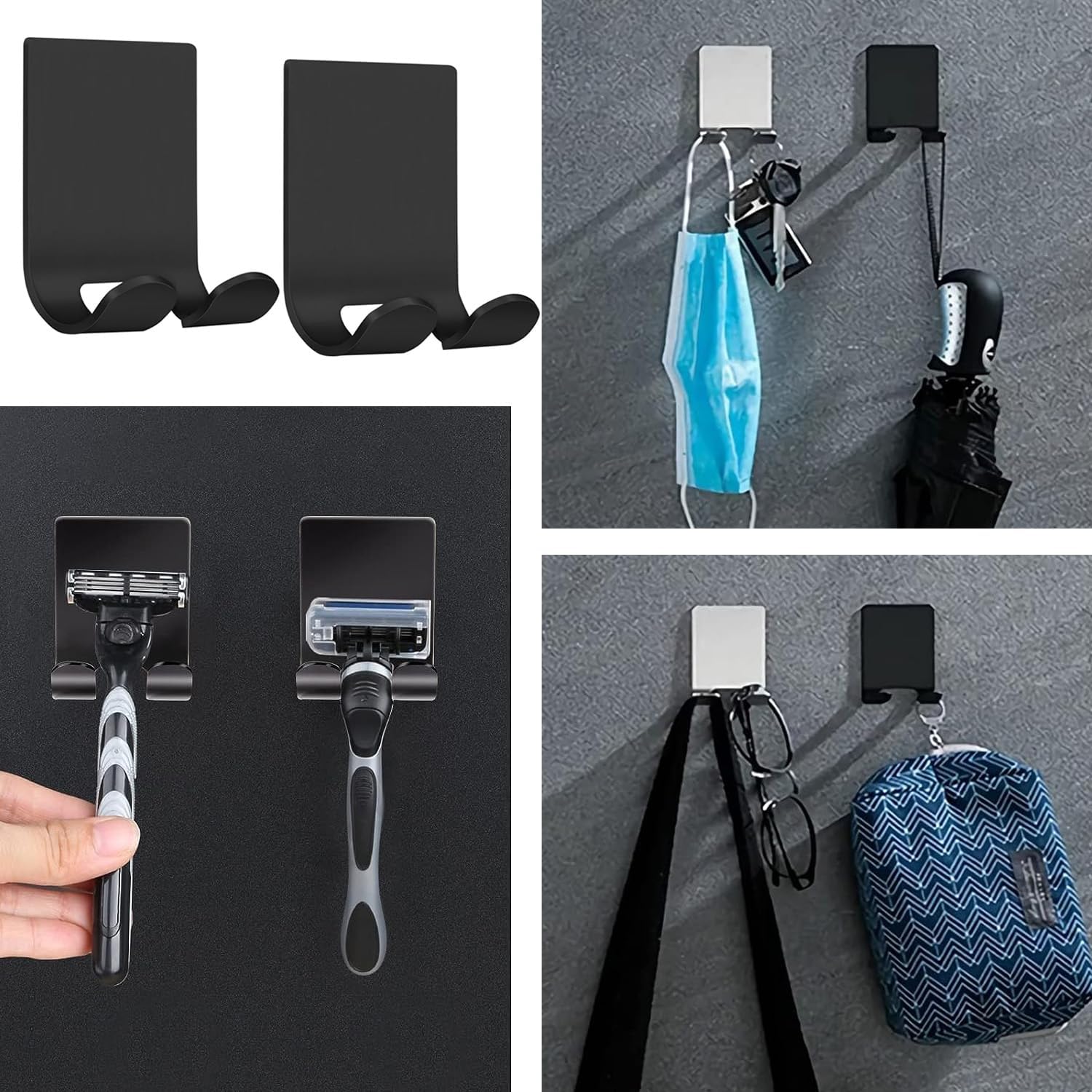 AKOAK 2 Pcs Waterproof Razor Holder with Hooks - Black
