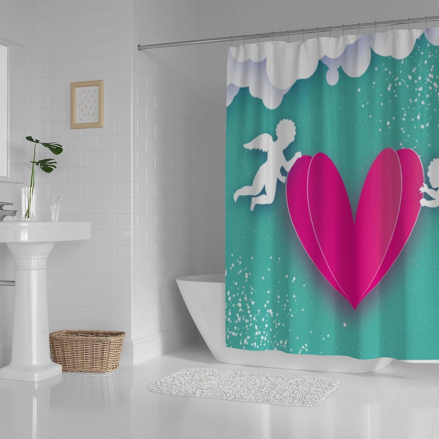 Hapuxt Shower Curtain with 12 Hooks Love Pink Heart Design
