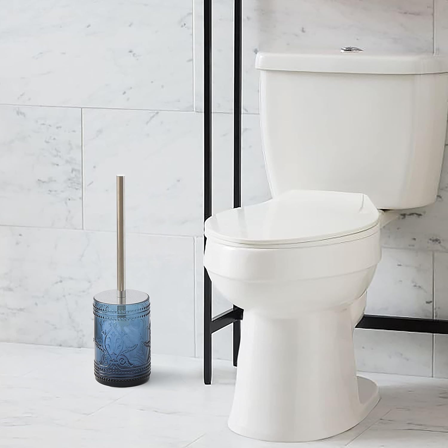 KMwares Glass Toilet Brush Set with Holder - Dark Blue