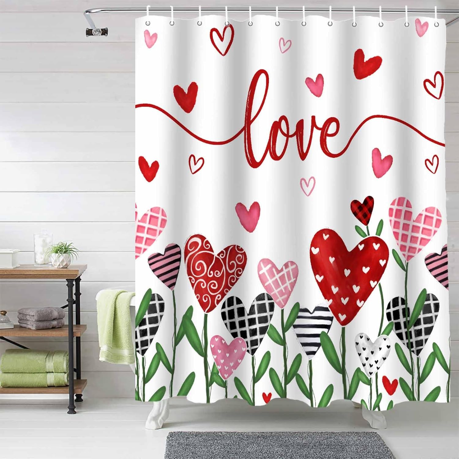 Vandarllin Pink Red Heart Shower Curtain Set 72x72