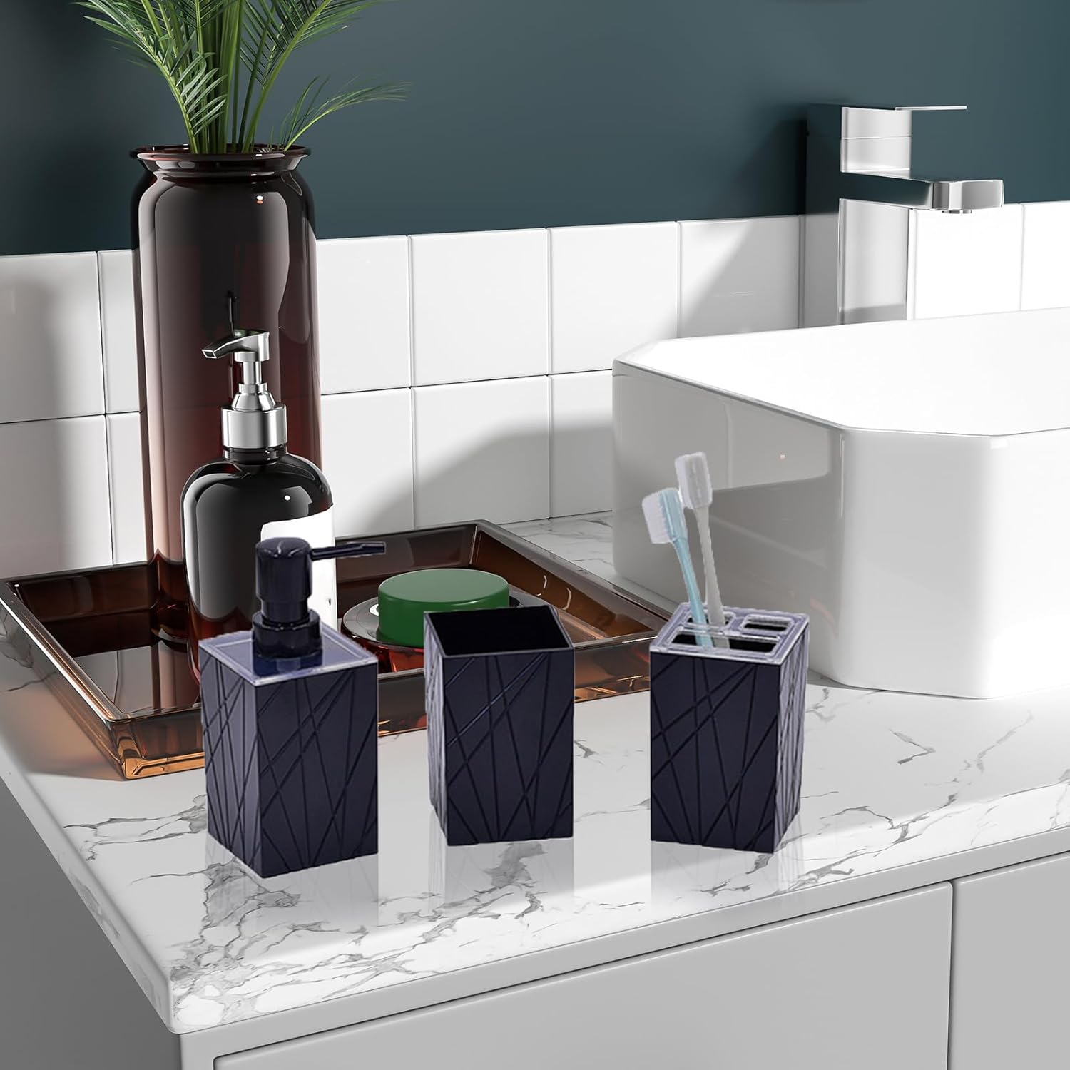 4 Piece Bathroom Accessory Set with Soap Dispenser Toothbrush Holder Tumbler and Soap Tray Black 1