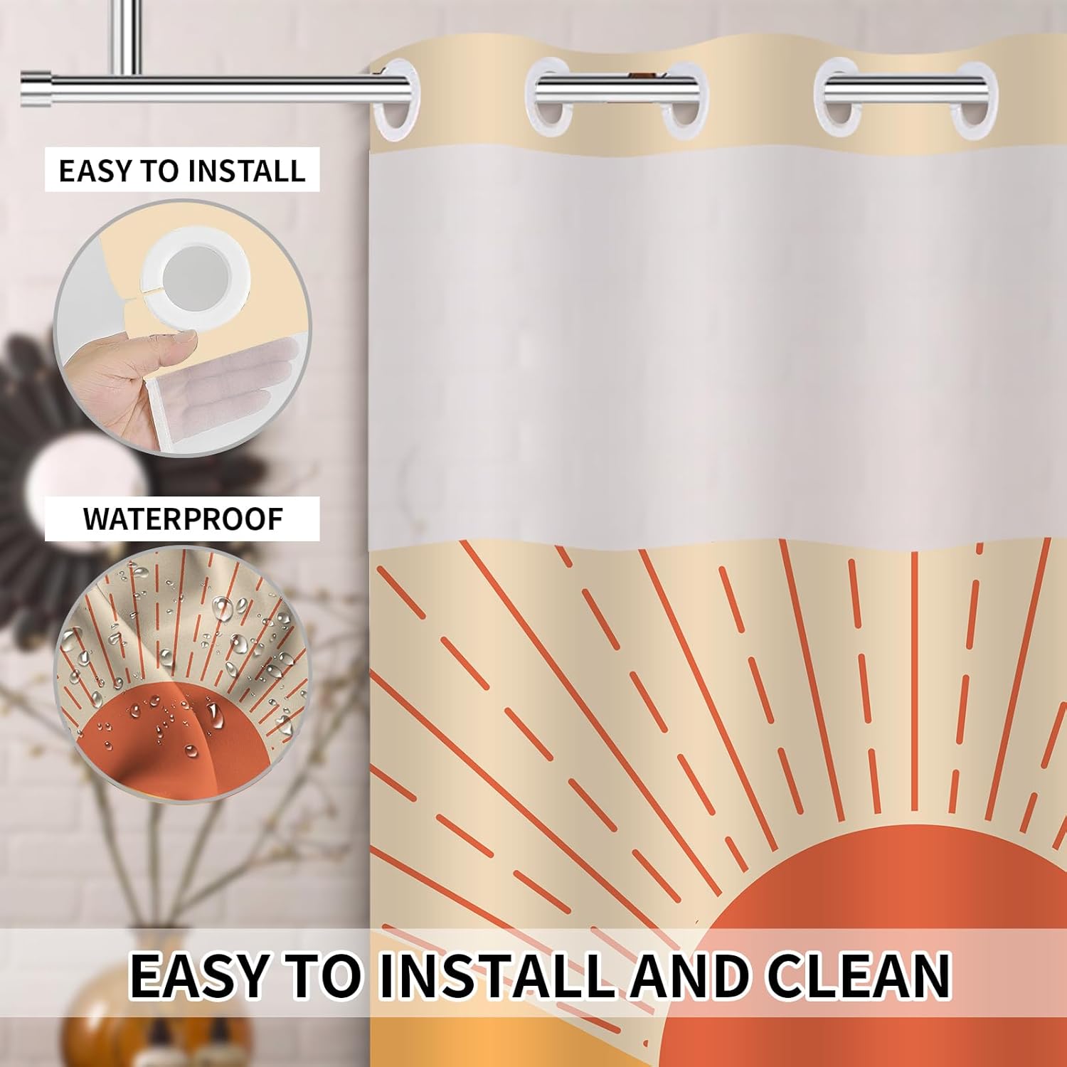 Boho Style Shower Curtain with Snap-In Liner 71x74in