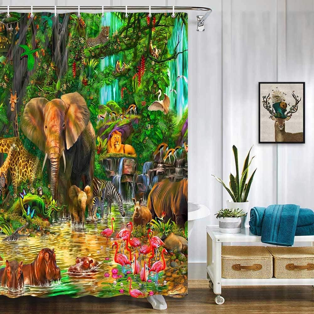 Gdmoon Jungle Animal Shower Curtain Set with 12 Hooks 60x72In 1