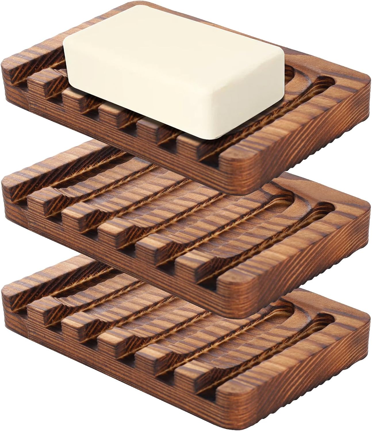 Wooden Soap Dish 3 Pack - Rustic Style Bathroom Kitchen Holder