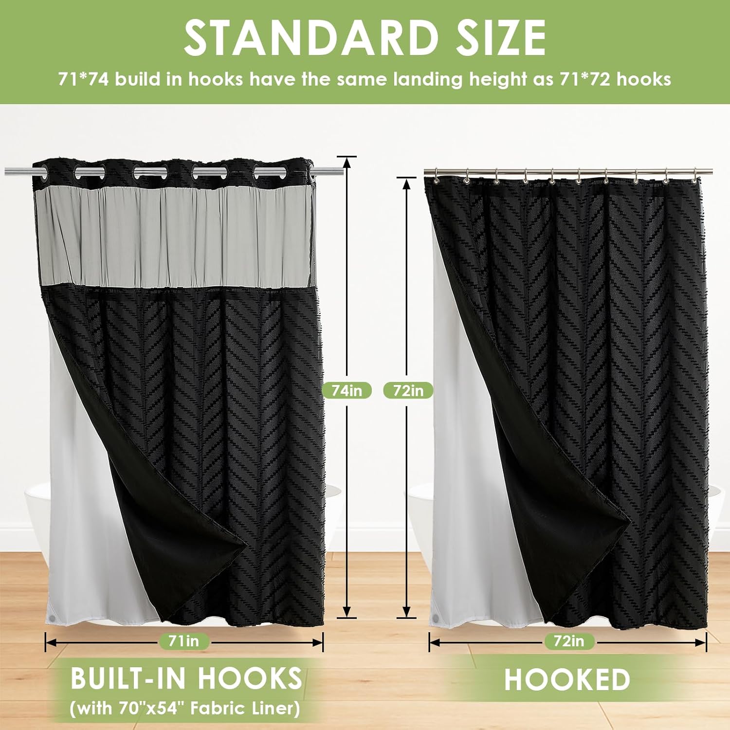 Nesphy Hookless Boho Shower Curtain Set Black Chevron Textured Double Layers Waterproof Liner