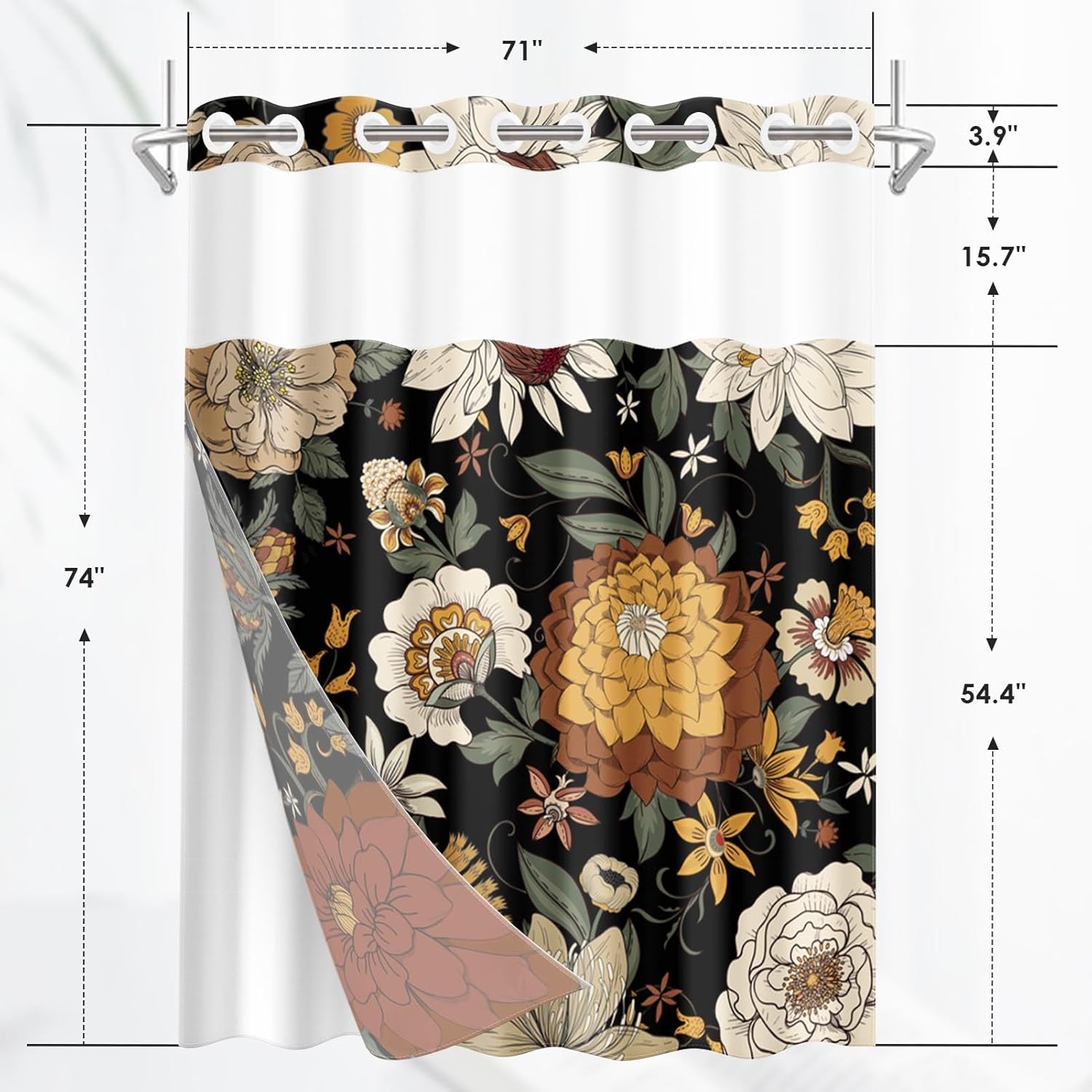 Nesphy Boho Floral Shower Curtain Set with Snap Lining 1