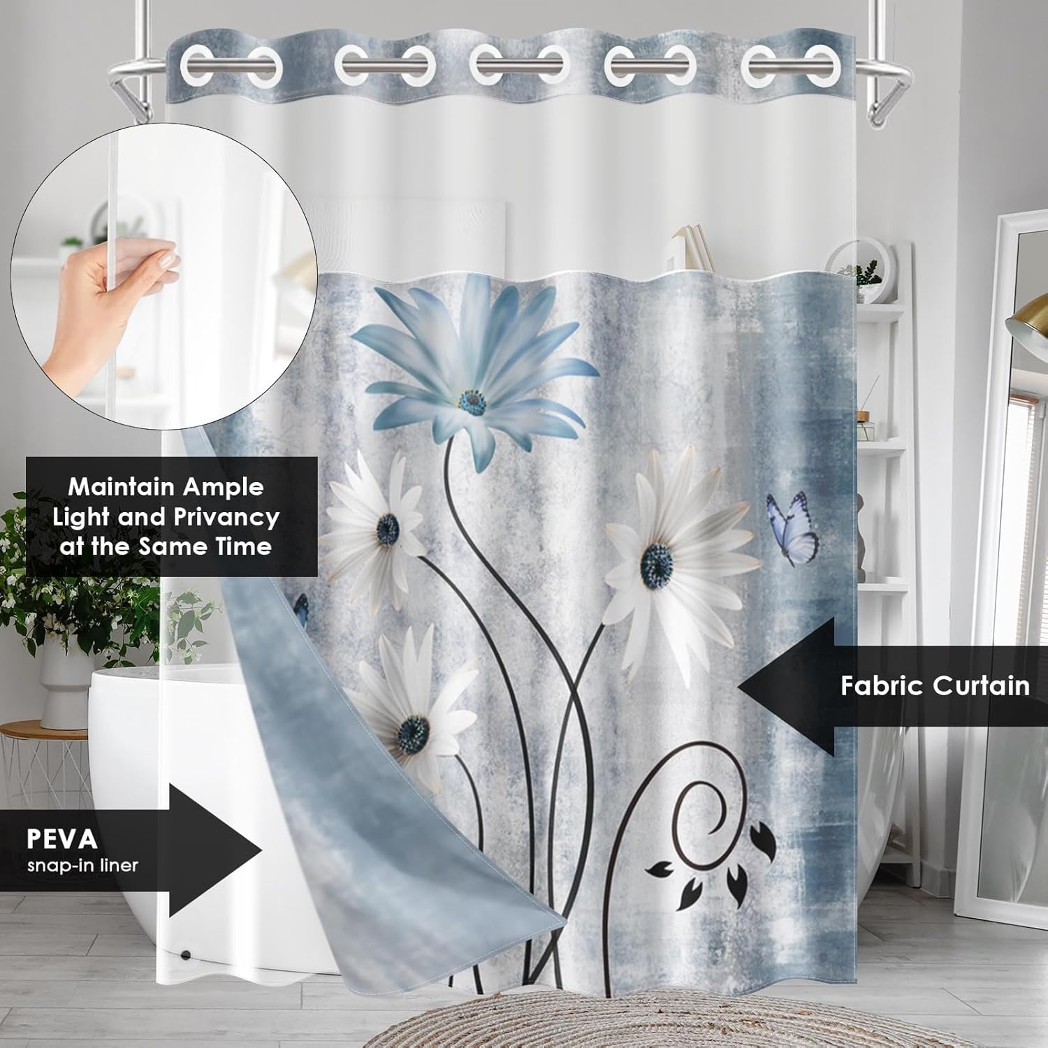 Nesphy Rustic Farmhouse Shower Curtain with PEVA Liner Set Blue Daisy Butterfly Style