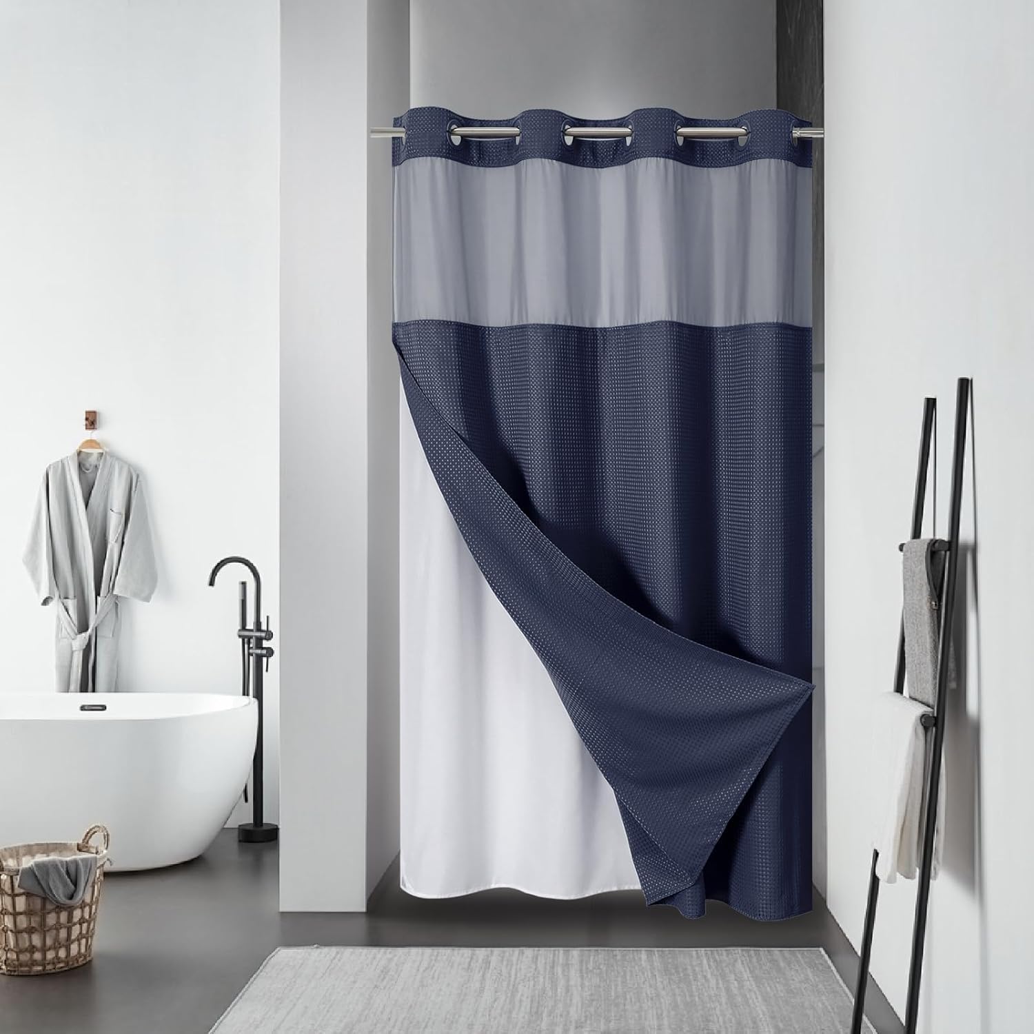 Navy Waffle Weave Shower Curtain Set with Snap-In Liner