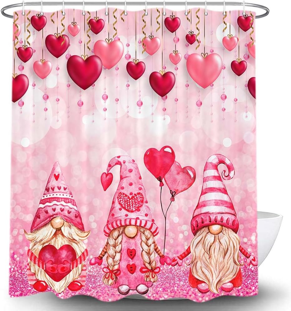 Valentines Day Gnome Shower Curtain with Glitter Love Heart Design