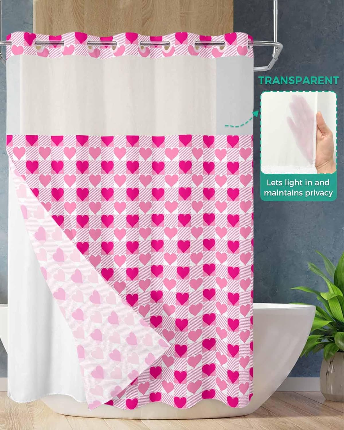 Anzona Valentine Plaid No Hook Shower Curtain Set 72x96