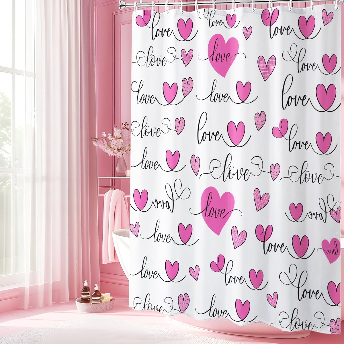 Modern Pink Heart Shower Curtain Set with 12 Hooks