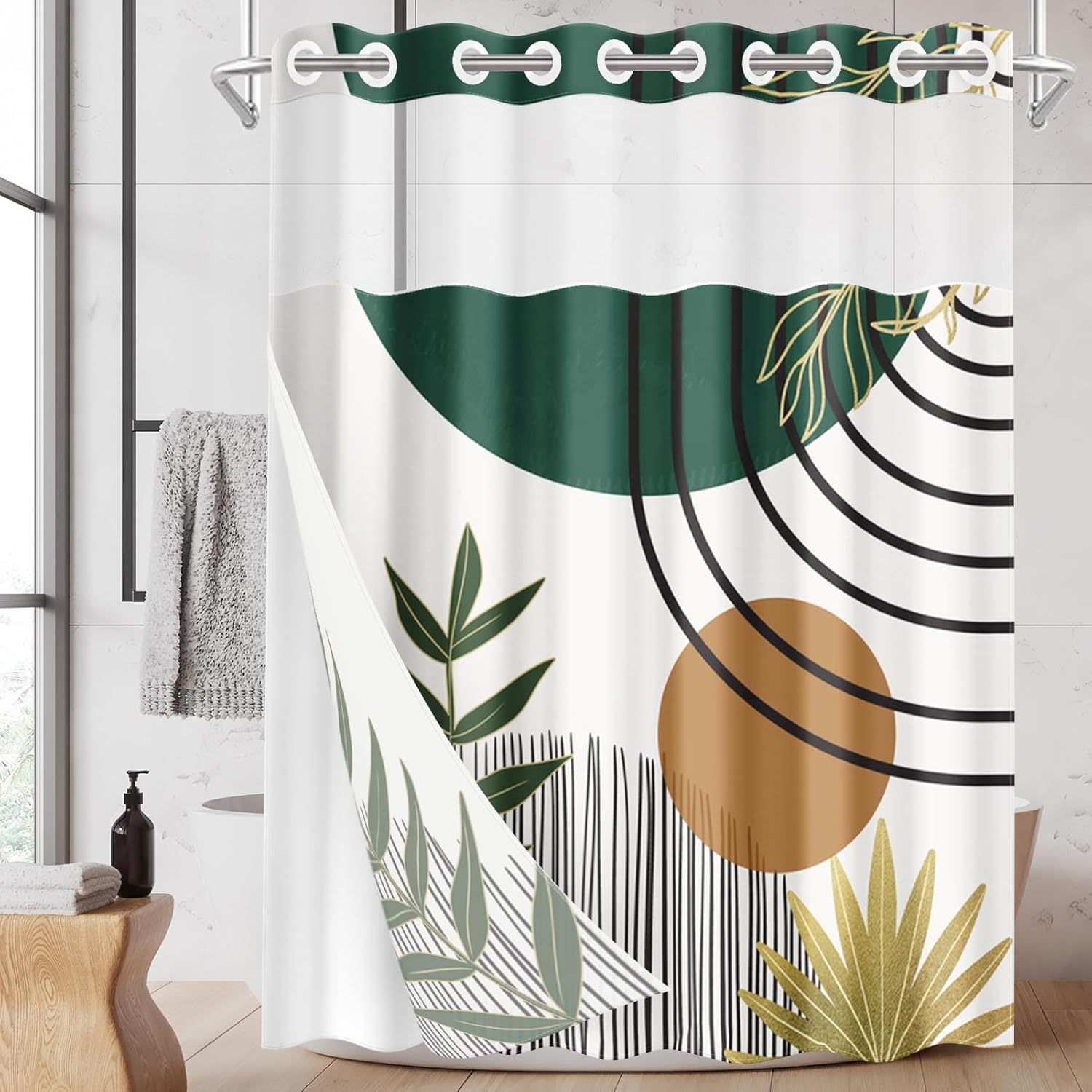 Nesphy Mid Century Green Boho Shower Curtain Set