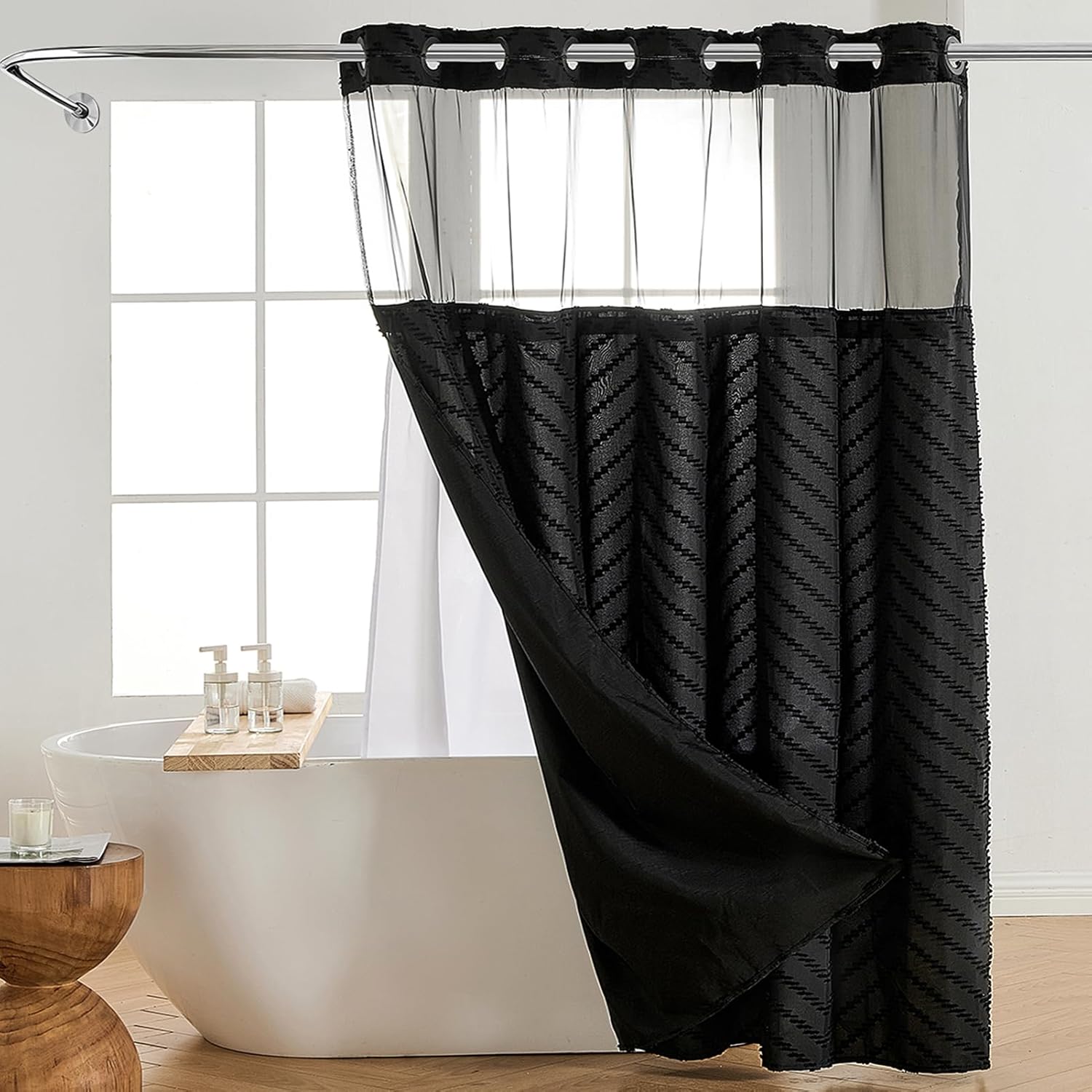Nesphy Hookless Boho Shower Curtain Set Black Chevron Textured Double Layers Waterproof Liner