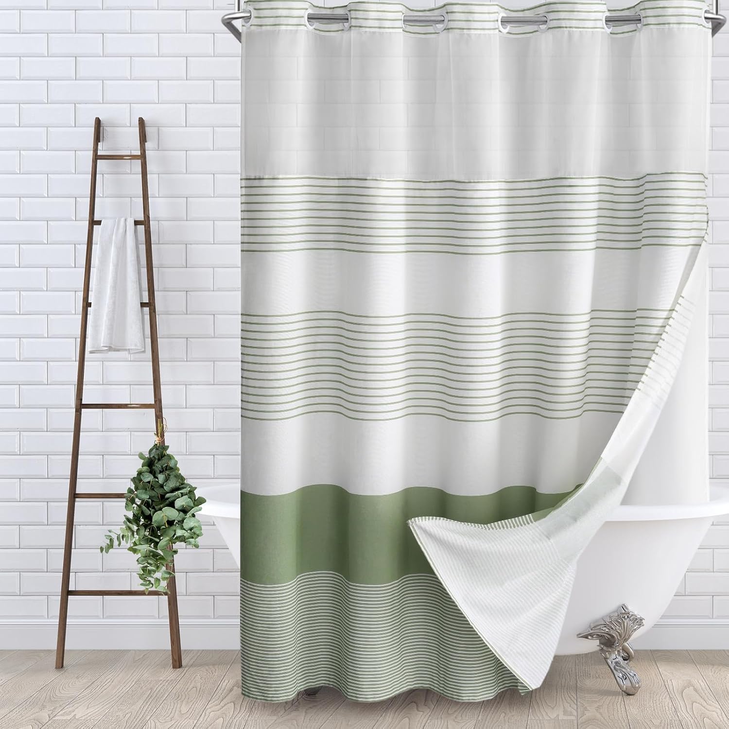 SMTHOM Sage Green Boho Striped Shower Curtain Set