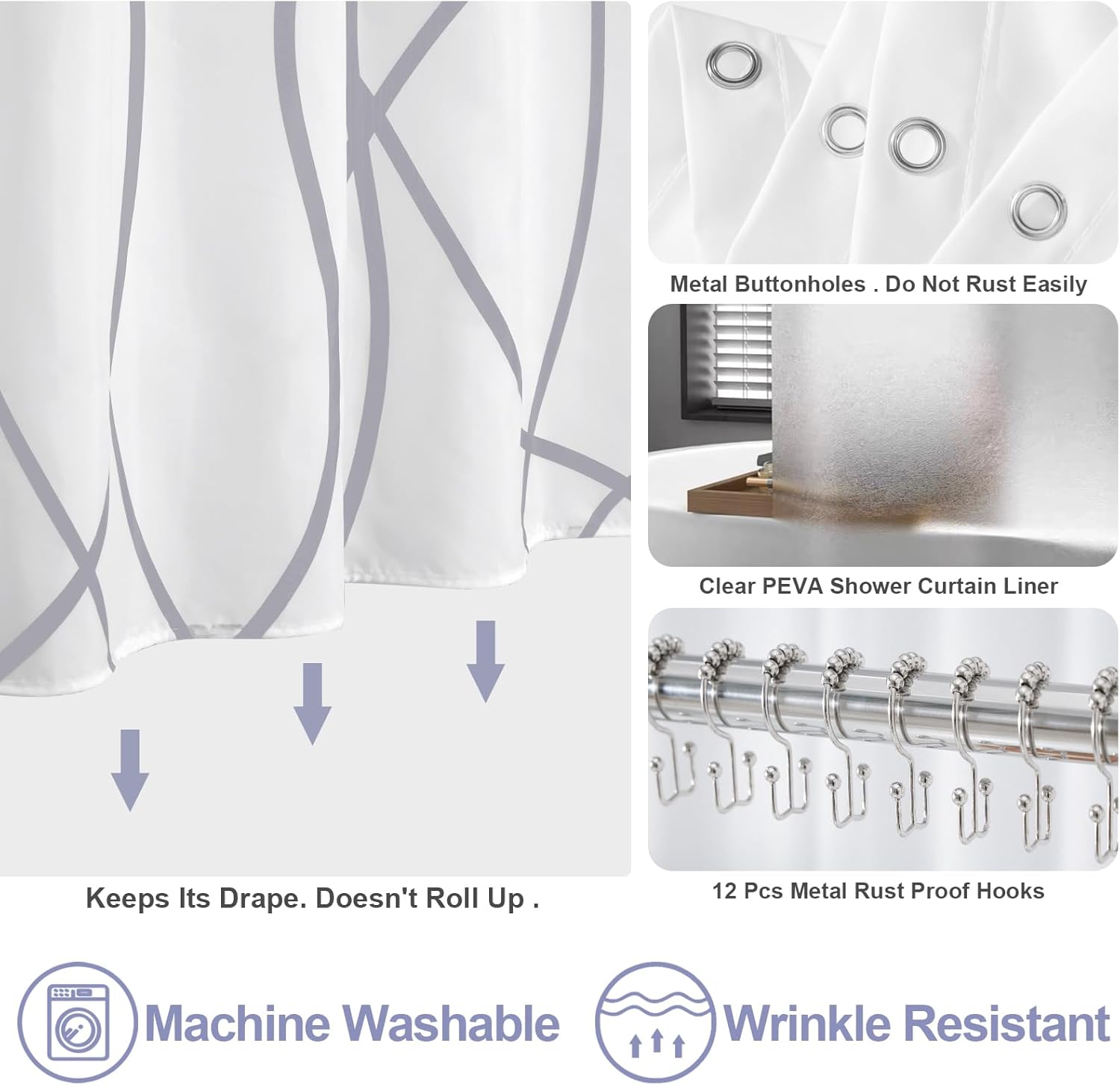 ORTIGIA 3-in-1 Shower Curtain Set Grey Wave Stripe