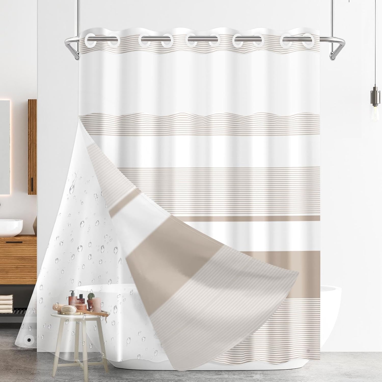 Nesphy No Hook Boho Beige Shower Curtain Set 1
