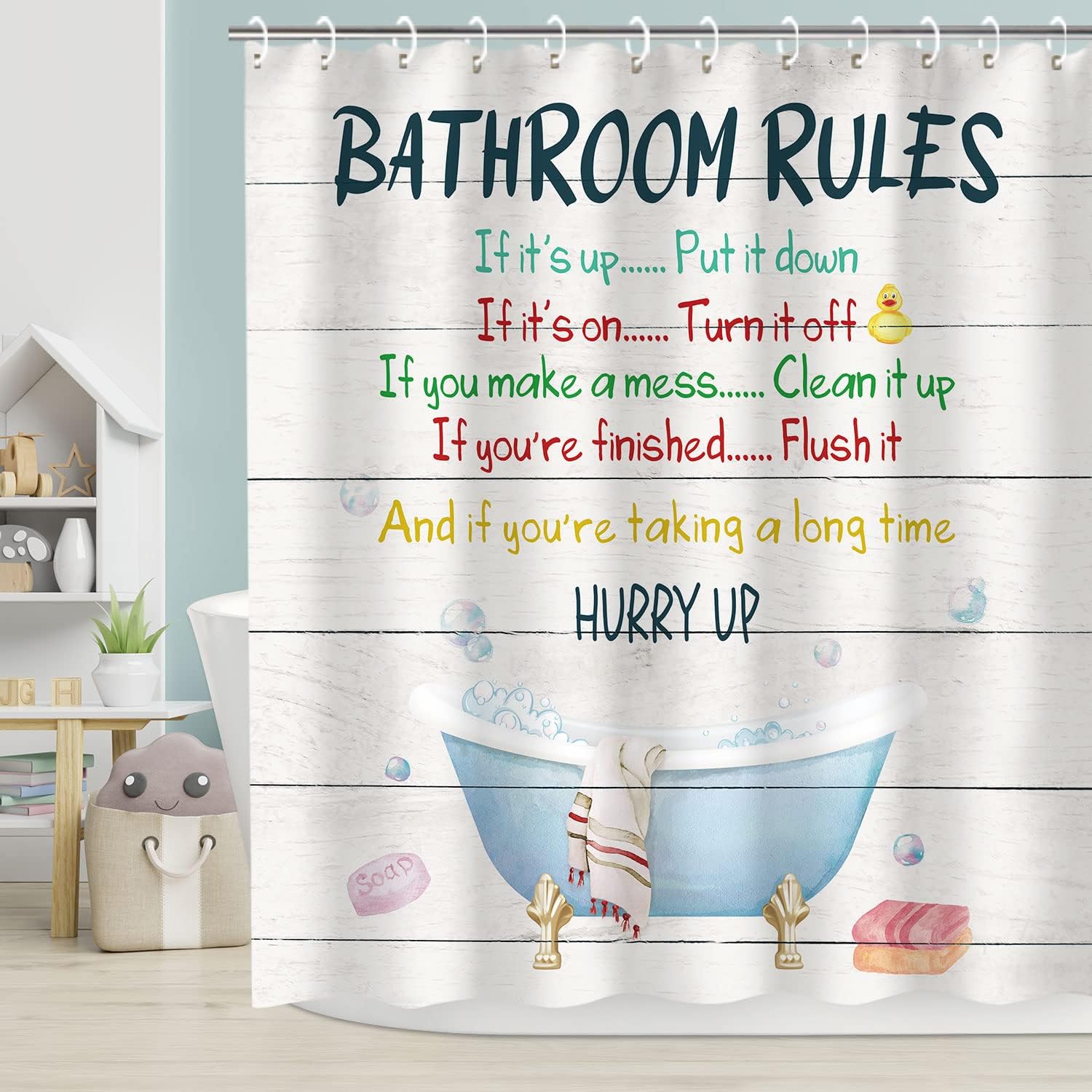 RosieLily Kids Shower Curtain with Funny Words and Hooks