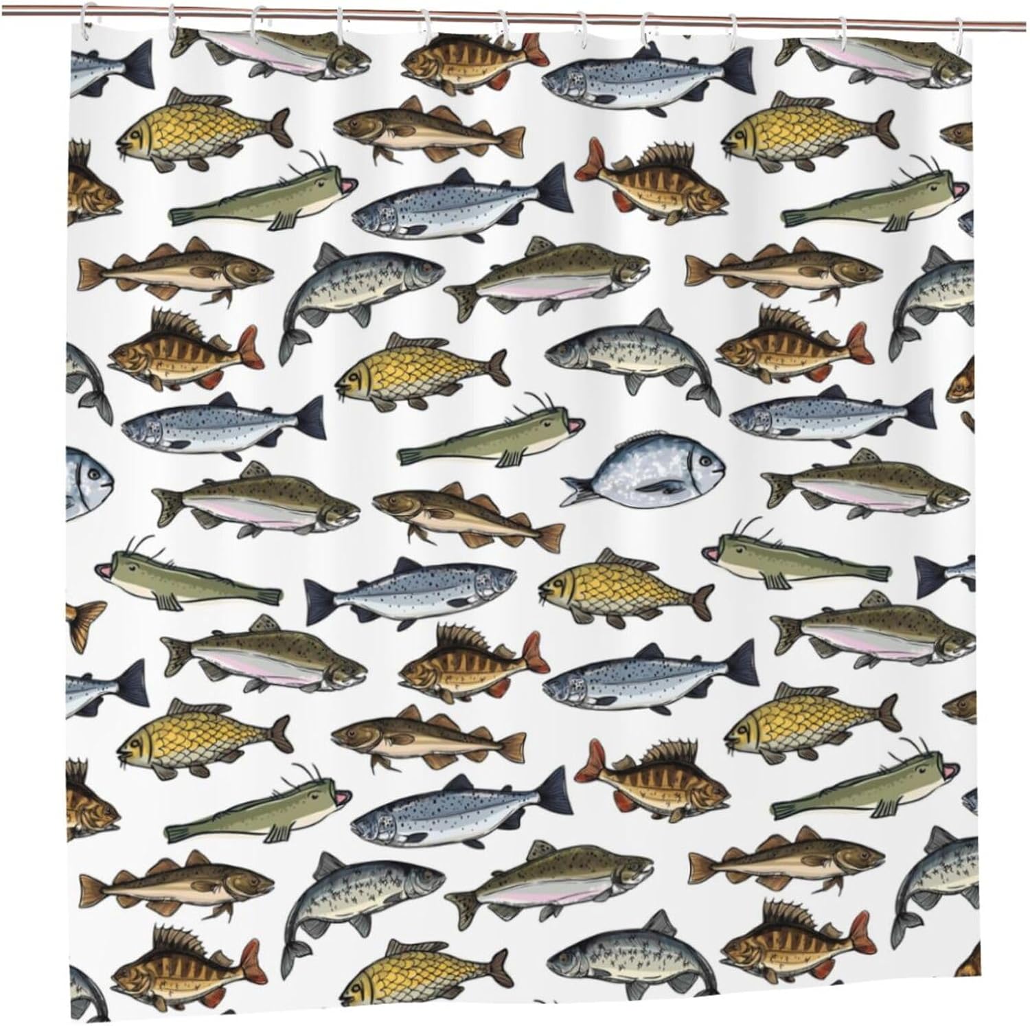 Yomane Fish Print Shower Curtain Set with 12 Hooks 72x72