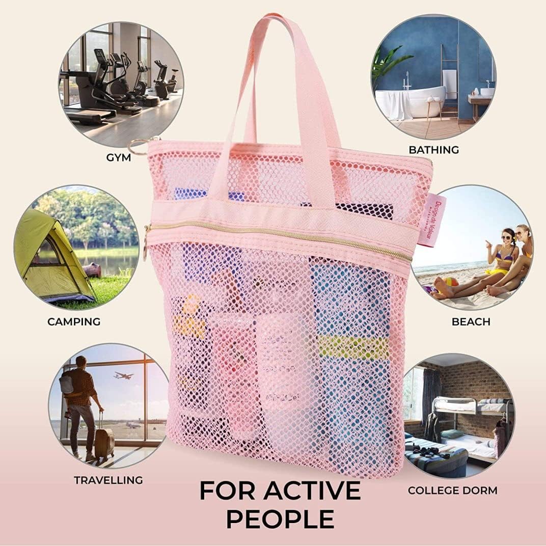 BEAHING Mesh Shower Caddy with Zipper 2 Pockets Pink