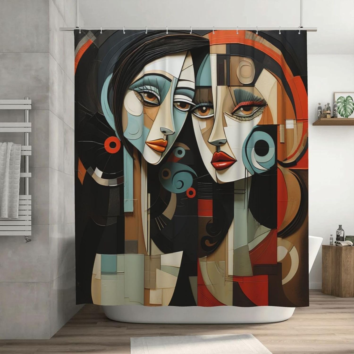 Black Hair Girl Boho Shower Curtain Set with 12 Hooks 72x72in