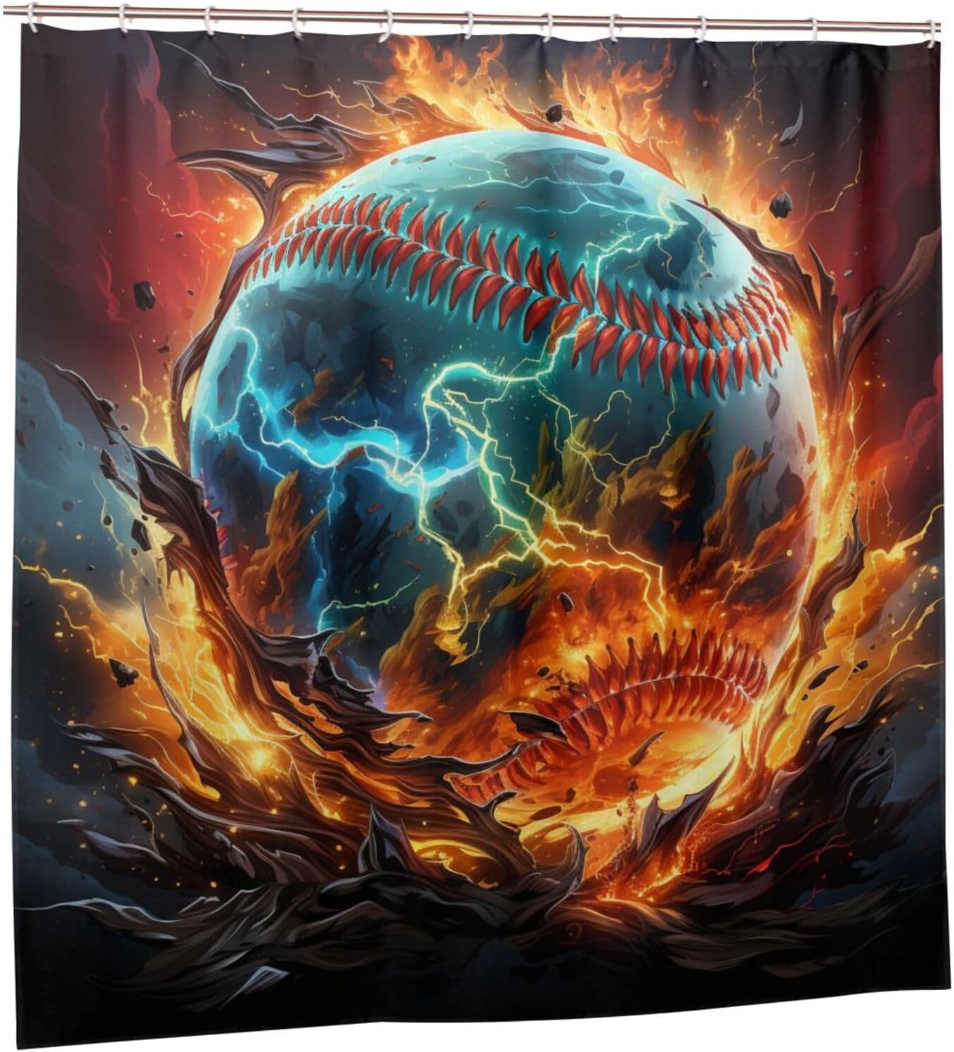 Red Flame Baseball Shower Curtain Set with 12 Hooks 1