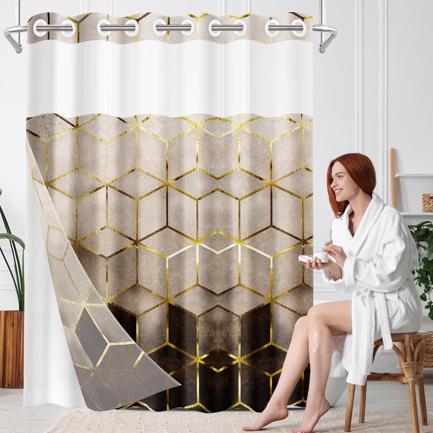 Britown Geometric Brown Gold Shower Curtain Set with Snap-in Liner